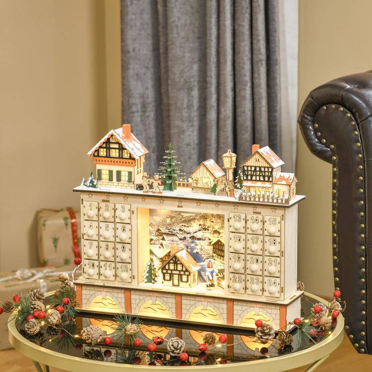 Alt View 2. PULUZ - Christmas Advent Calendar, Light Up Table Xmas Wooden Store Holiday Decoration with Countdown Drawer, Village, for Kids - Natural Wood.