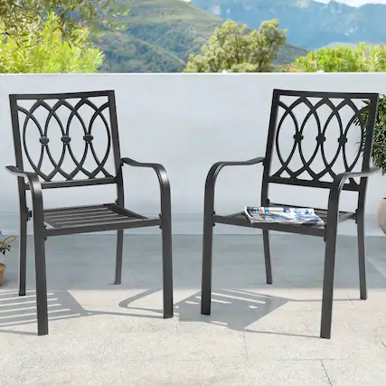 Front. Nuu Garden - Patio 2-Piece Dining Chairs, Ventilated Slatted Seat and Curved Armrests - Black.