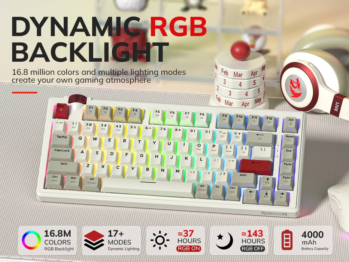 DYNAMIC RGB BACKLIGHT

16.8 million colors and multiple lighting modes create your own gaming atmosphere

16.8M COLORS RGB Backlight
17+ MODES Dynamic Lighting
≈37 HOURS RGB ON
≈143 HOURS RGB OFF
4000 mAh Battery Capacity