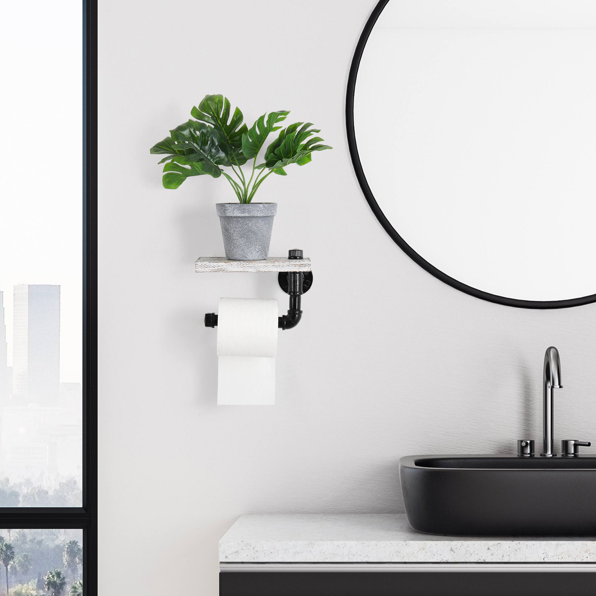 Back. Oumilen - Industrial Pipe Single Paper Towel Holder with White Washed Shelf – Wall Mounted for Kitchen Bathroom.