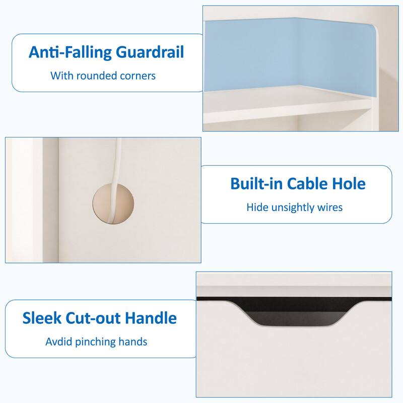 Anti-Falling Guardrail  
With rounded corners  

Built-in Cable Hole  
Hide unsightly wires  

Sleek Cut-out Handle  
Avoid pinching hands