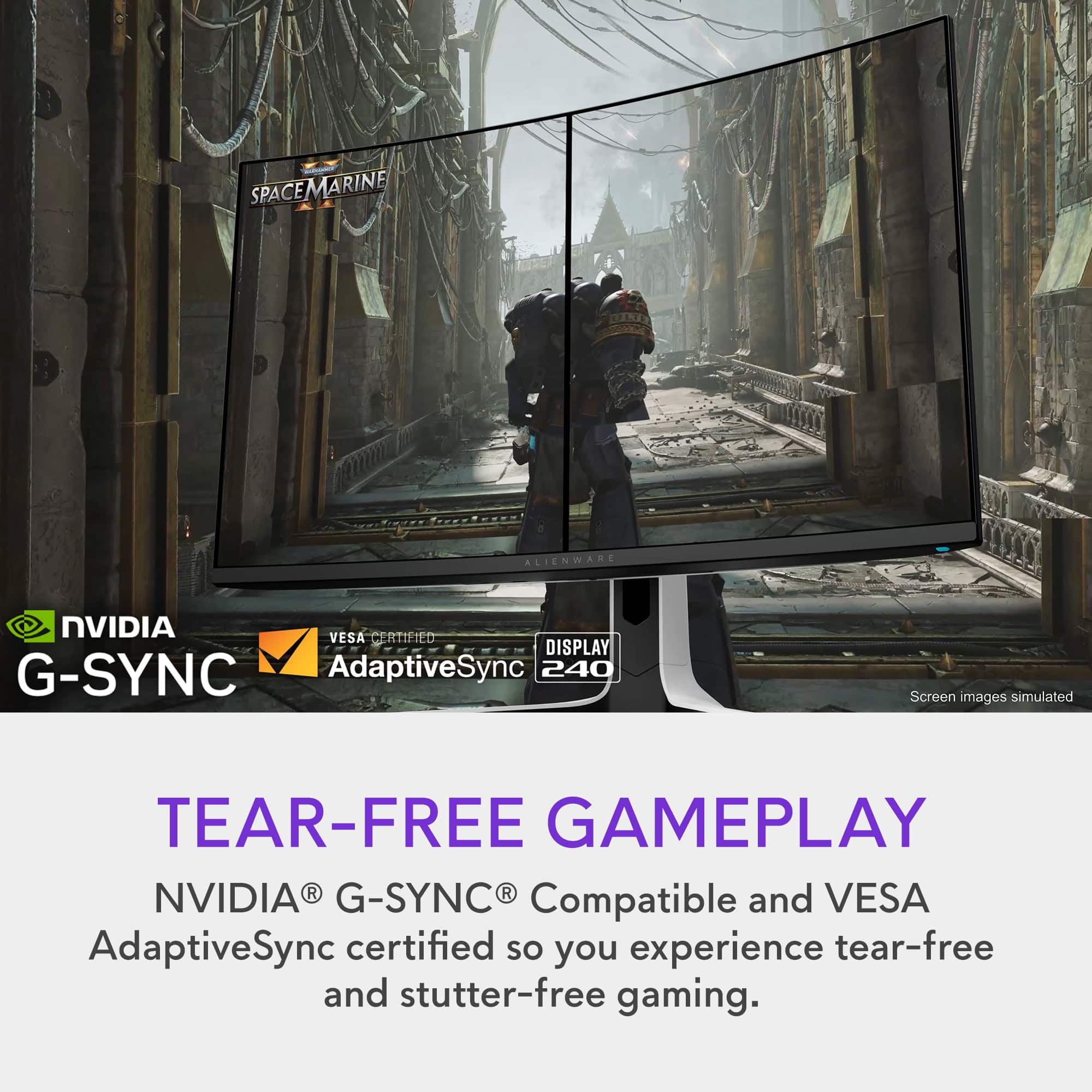 The text on the image is about a display that is NVIDIA VESA certified and features G-SYNC AdaptiveSync technology. This technology allows for a tear-free and stutter-free gaming experience. The display is designed for gaming and is compatible with both NVIDIA and VESA systems.