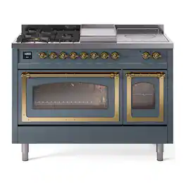 ILVE - Nostalgie II Series 48 in. Dual Fuel Range with 5 Sealed Burners + Griddle (Natural Gas, Brass Trim) - Blue Grey