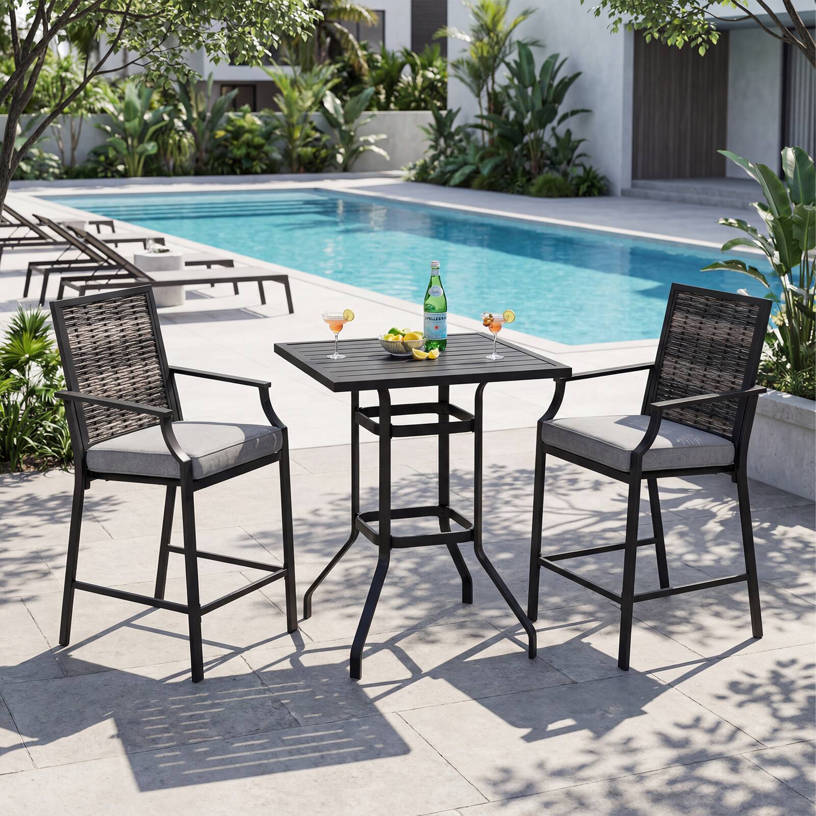 Alt View 1. Gymax - Gymax 3PCS Outdoor Bar Set High Top Patio Bar Table & Rattan Wicker Chairs w/Cushions - Grey.