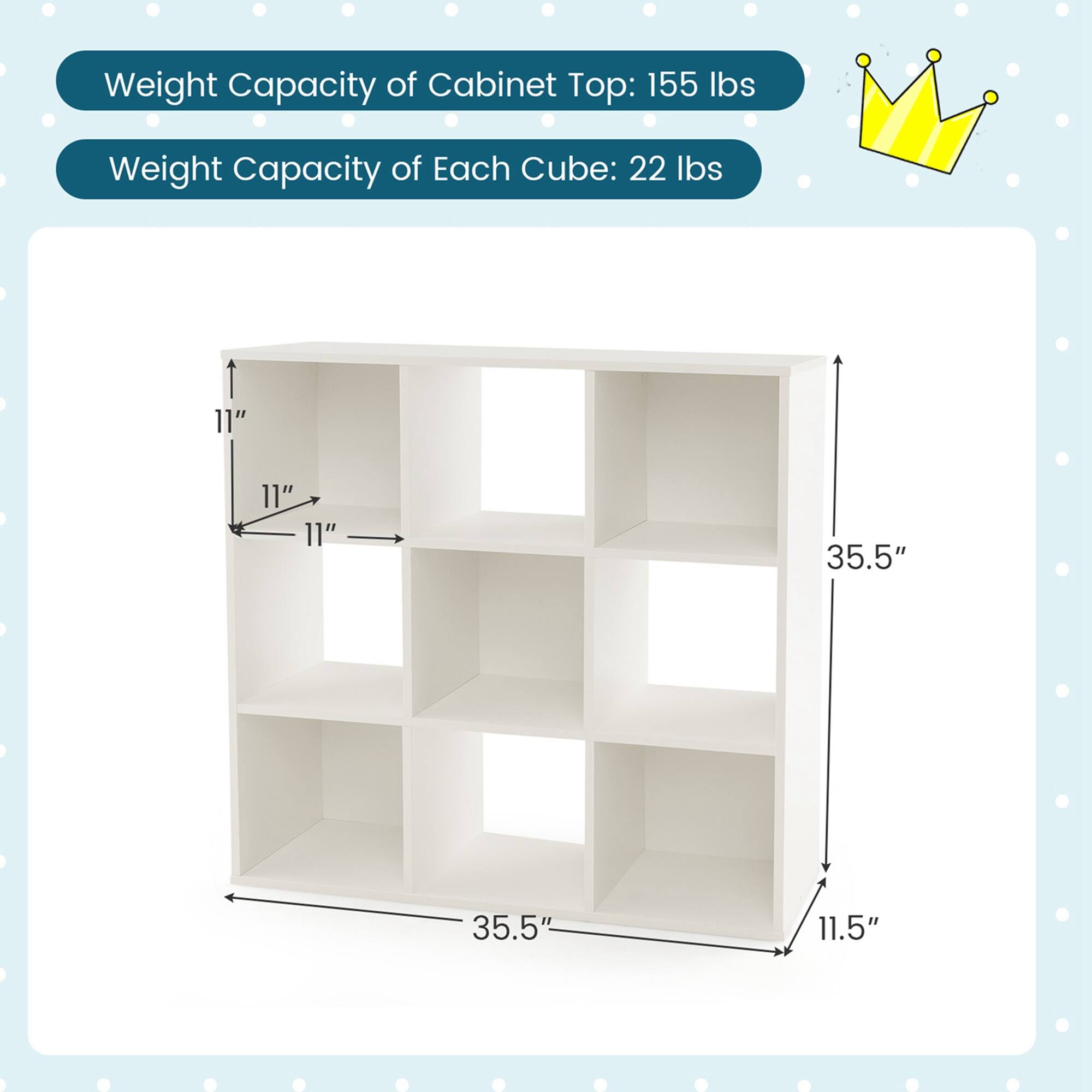 Weight Capacity of Cabinet Top: 155 lbs
Weight Capacity of Each Cube: 22 lbs
1 11" 11" 11" 35.5" 35.5" 11.5"