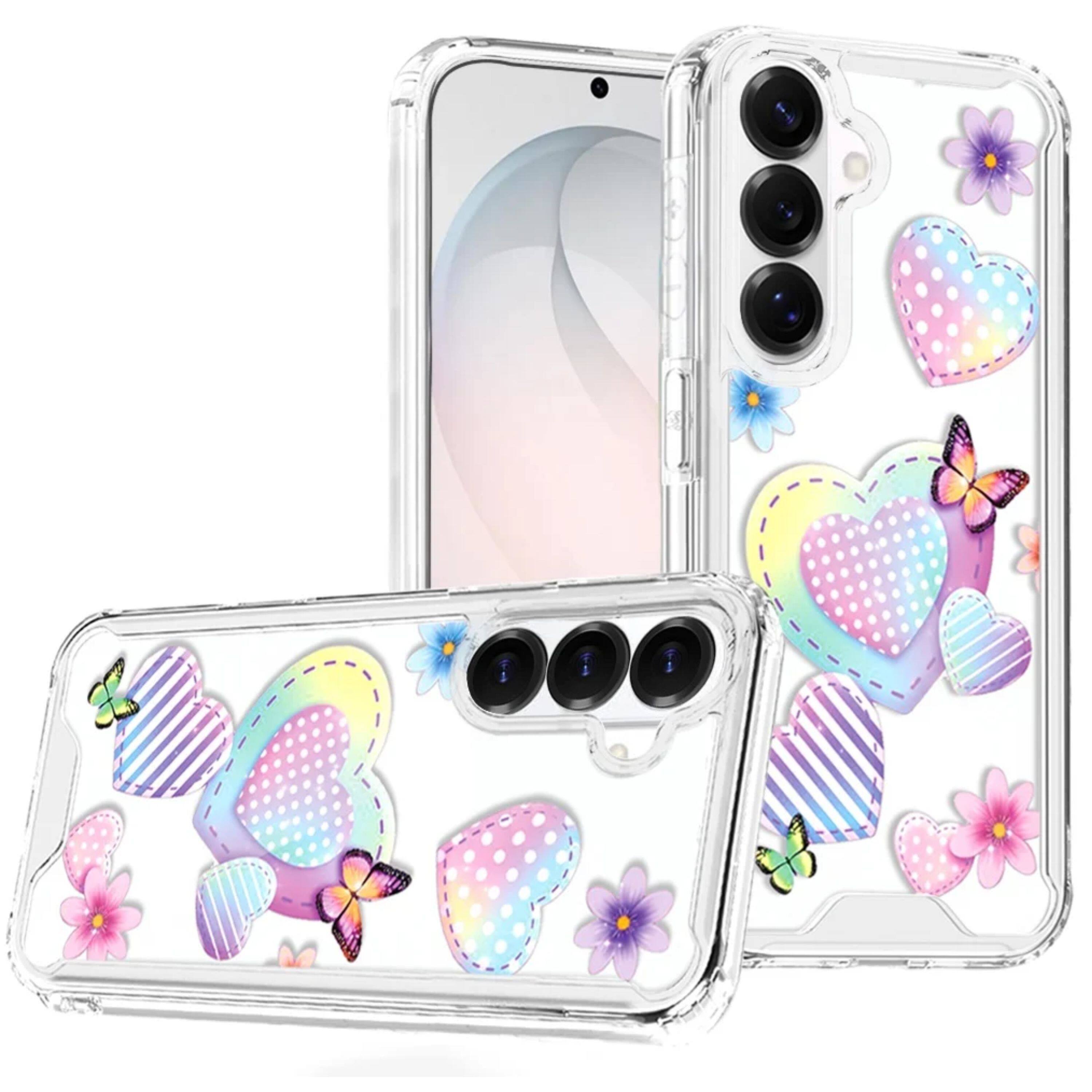 Front. Kitcheniva - Cute Print Design On Clear TPU Cover Plus Tempered Glass For Samsung S26 FE Pastel Hearts With Butterflies - Multicolor.