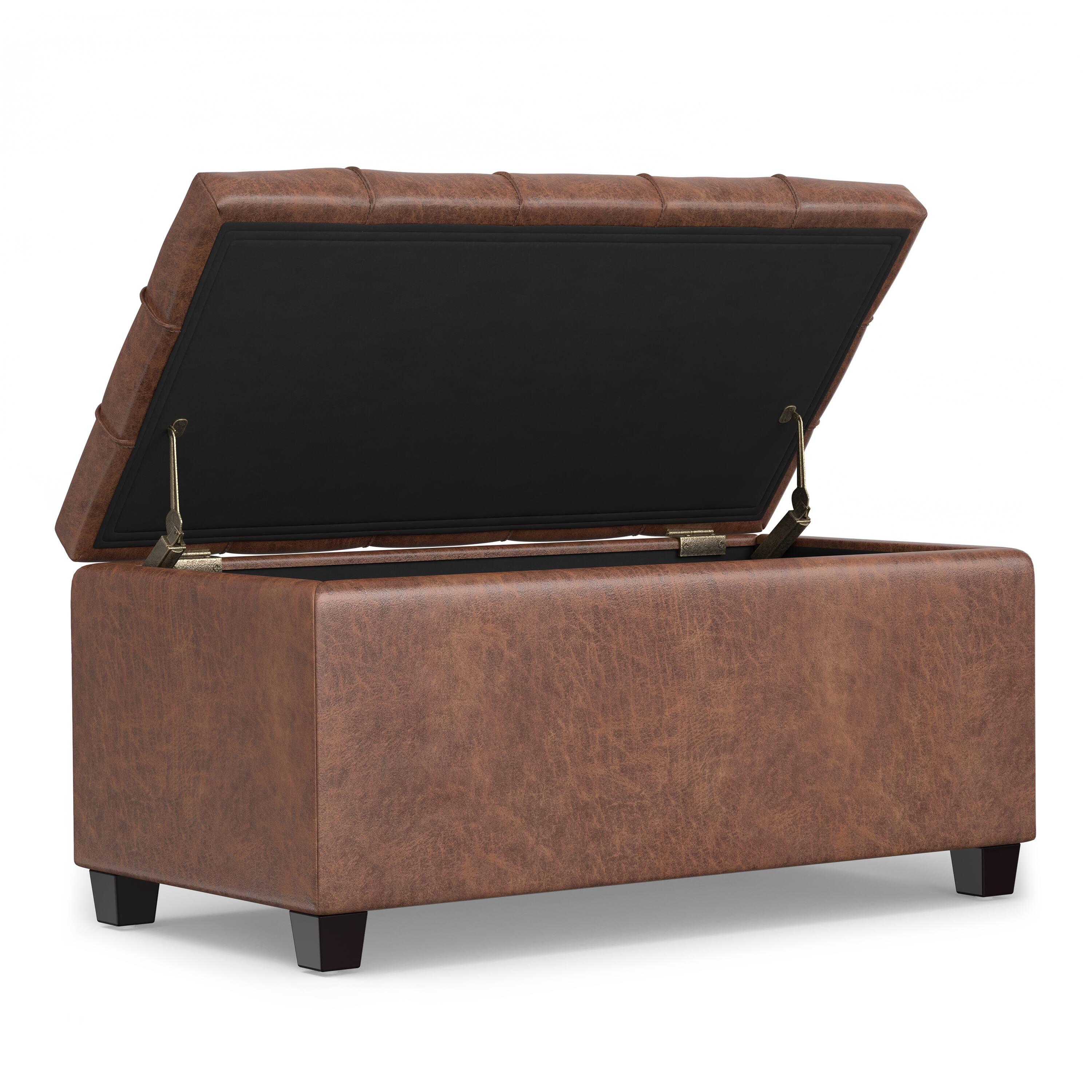 Back. Simpli Home - Sienna 33 inch Wide Storage Ottoman Bench in Distressed Saddle Brown Vegan Leather - Distressed Saddle Brown.