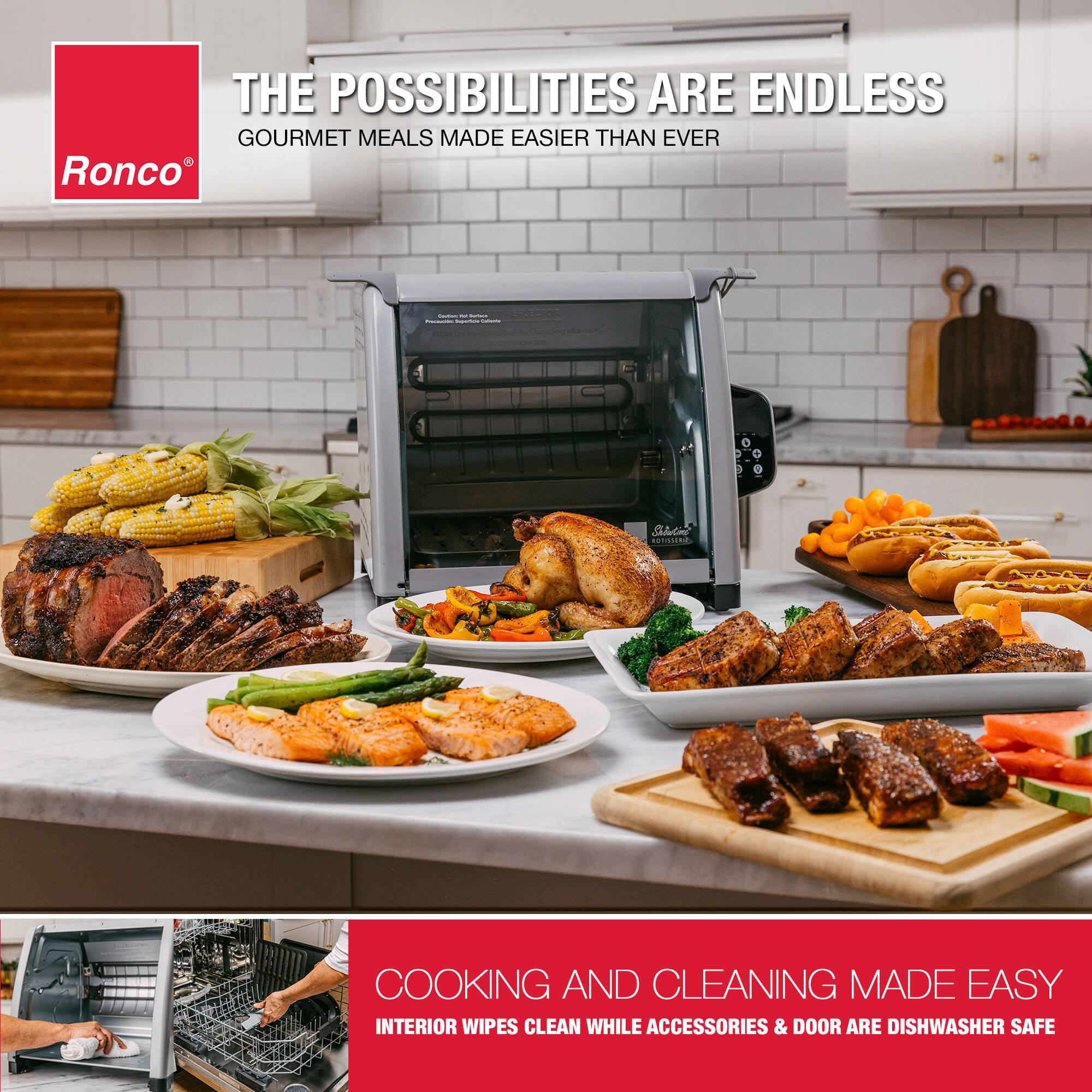 The possibilities are endless - gourmet meals made easier than ever. Ronco: cooking and cleaning made easy. Interior wipes clean while accessories & door are dishwasher safe.
