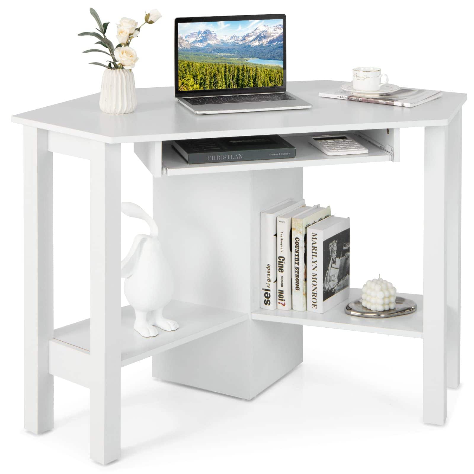 Ecooso - Corner Computer Desk with Keyboard Tray, Space-Saving Study Workstation for Home Office - White