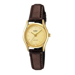 Casio - Women’s Leather Strap Analog Watch with Gold Dial - LTP-1094Q-9ARDF - Brown