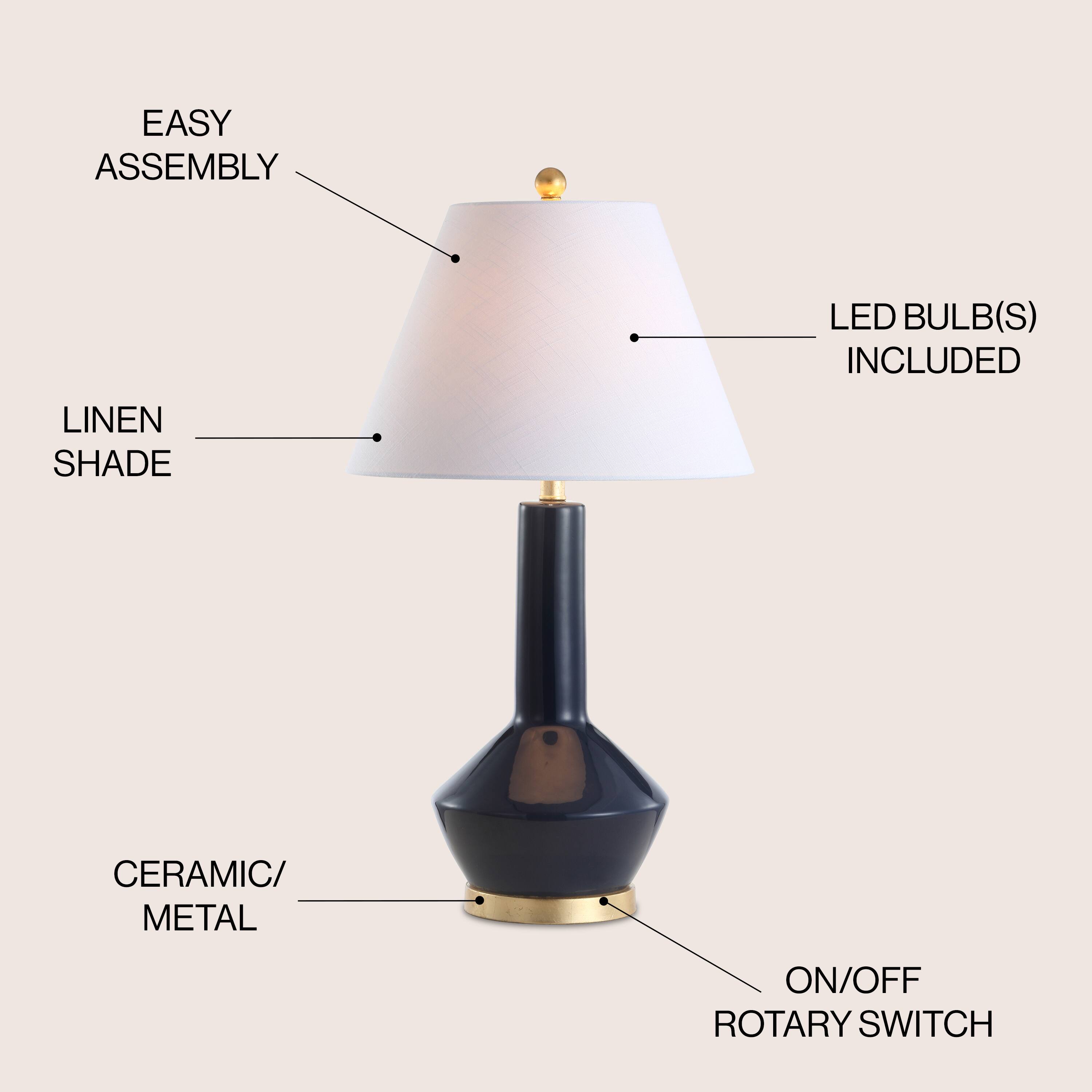 EASY ASSEMBLY  
LED BULB(S) INCLUDED  
LINEN SHADE  
CERAMIC/METAL  
ON/OFF ROTARY SWITCH