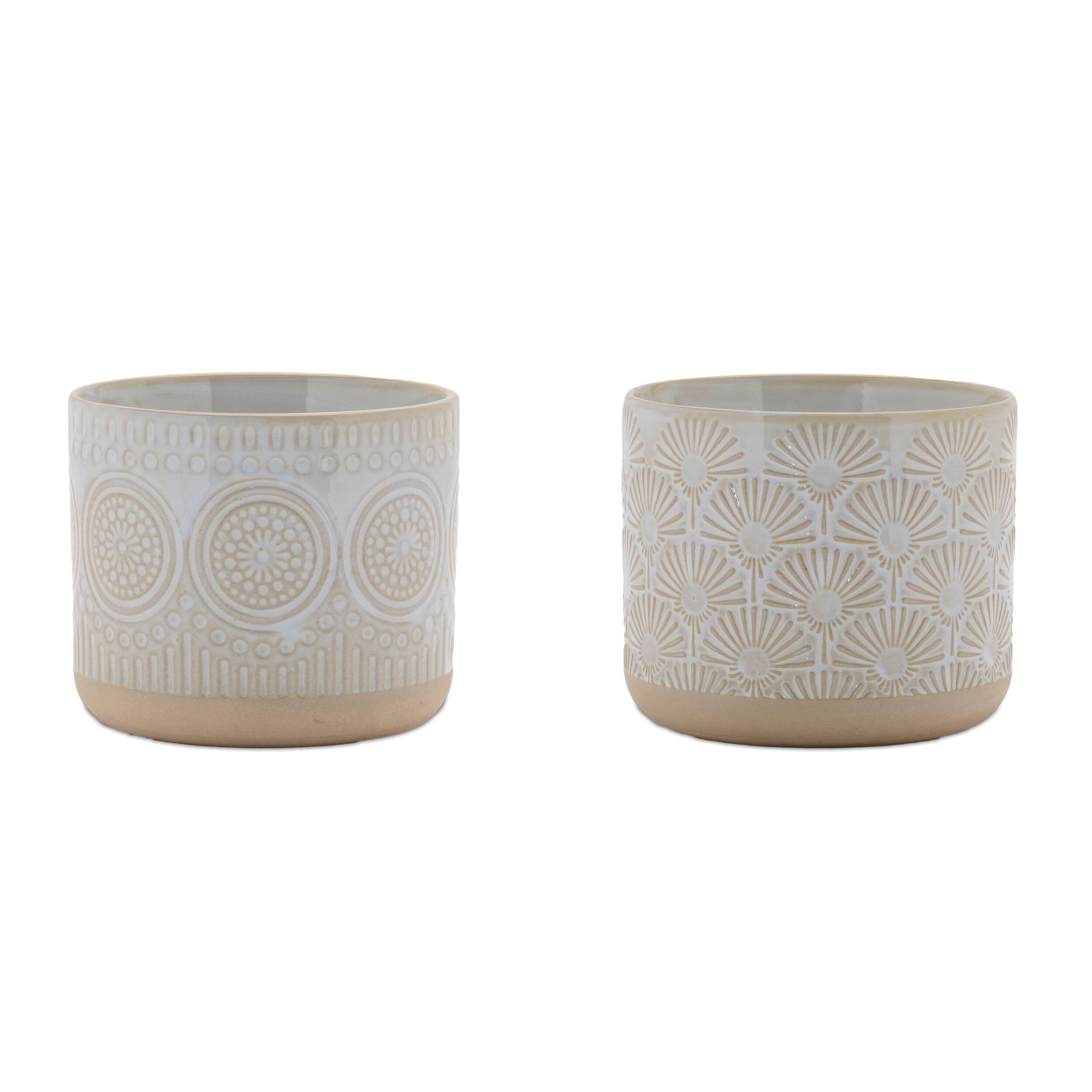 Front. BreeBe - Porcelain Geometric Patterned Planter (Set of 2) - Beige.