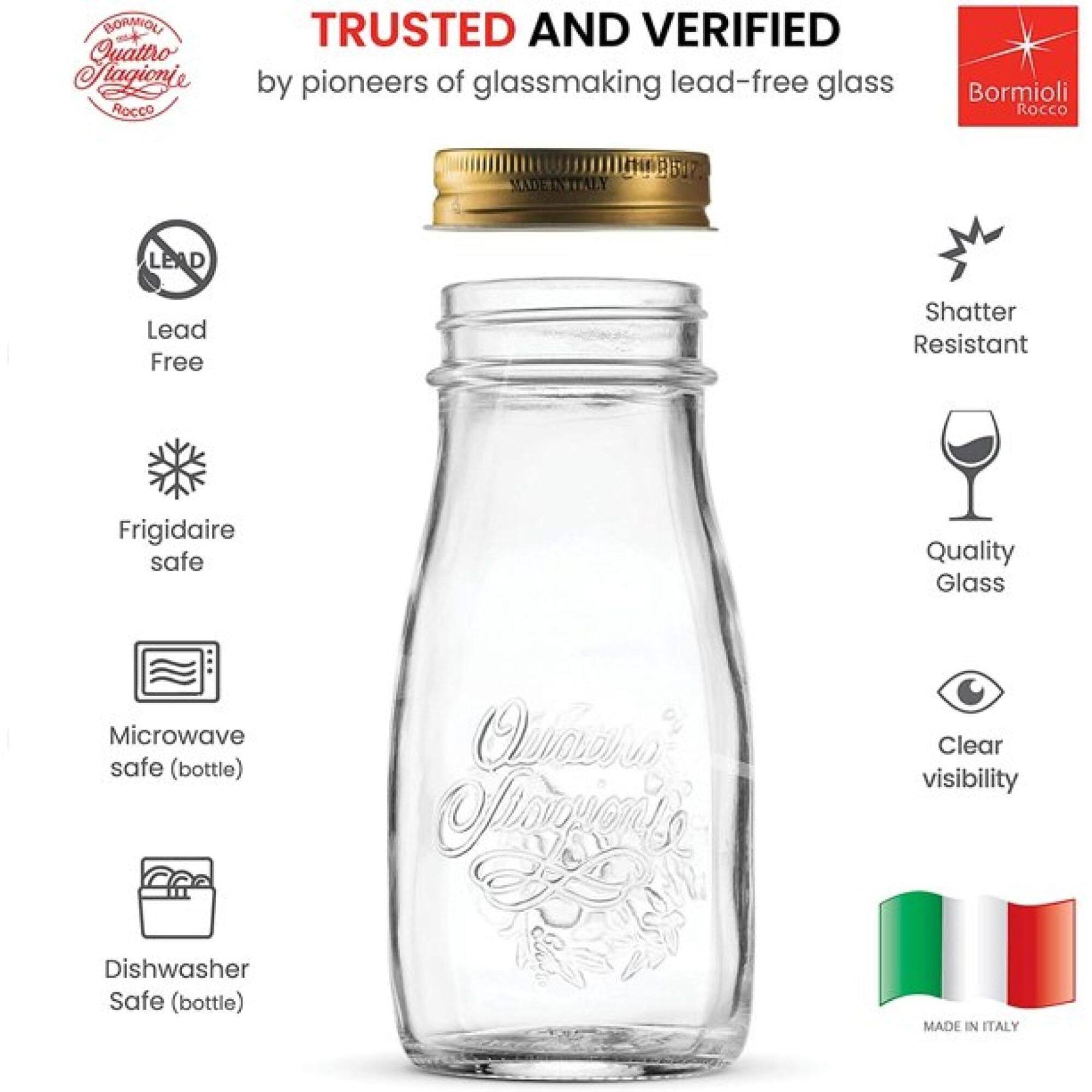 Bormioli Rocco Quattro Stagioni

TRUSTED AND VERIFIED by pioneers of glassmaking lead-free glass

- Lead Free
- Frigidaire safe
- Microwave safe (bottle)
- Dishwasher Safe (bottle)
- Shatter Resistant
- Quality Glass
- Clear visibility

MADE IN ITALY