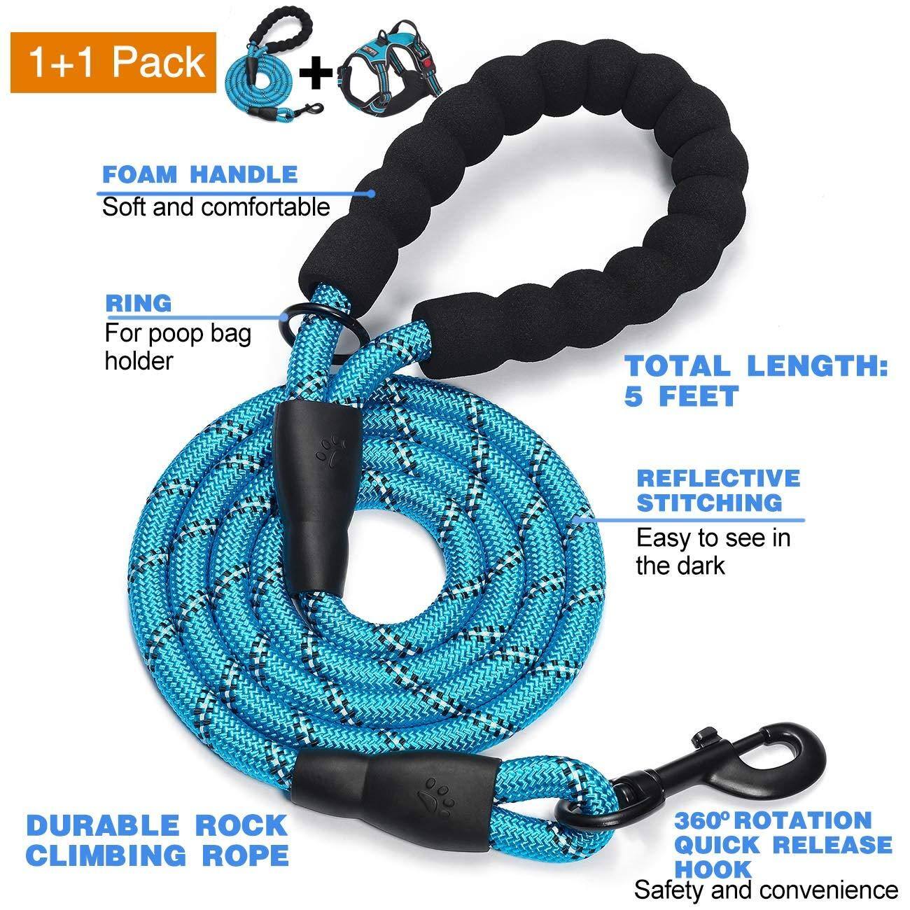 1+1 Pack

- FOAM HANDLE
  - Soft and comfortable

- RING
  - For poop bag holder

- TOTAL LENGTH:
  - 5 FEET

- REFLECTIVE STITCHING
  - Easy to see in the dark

- DURABLE ROCK CLIMBING ROPE

- 360° ROTATION QUICK RELEASE HOOK
  - Safety and convenience
