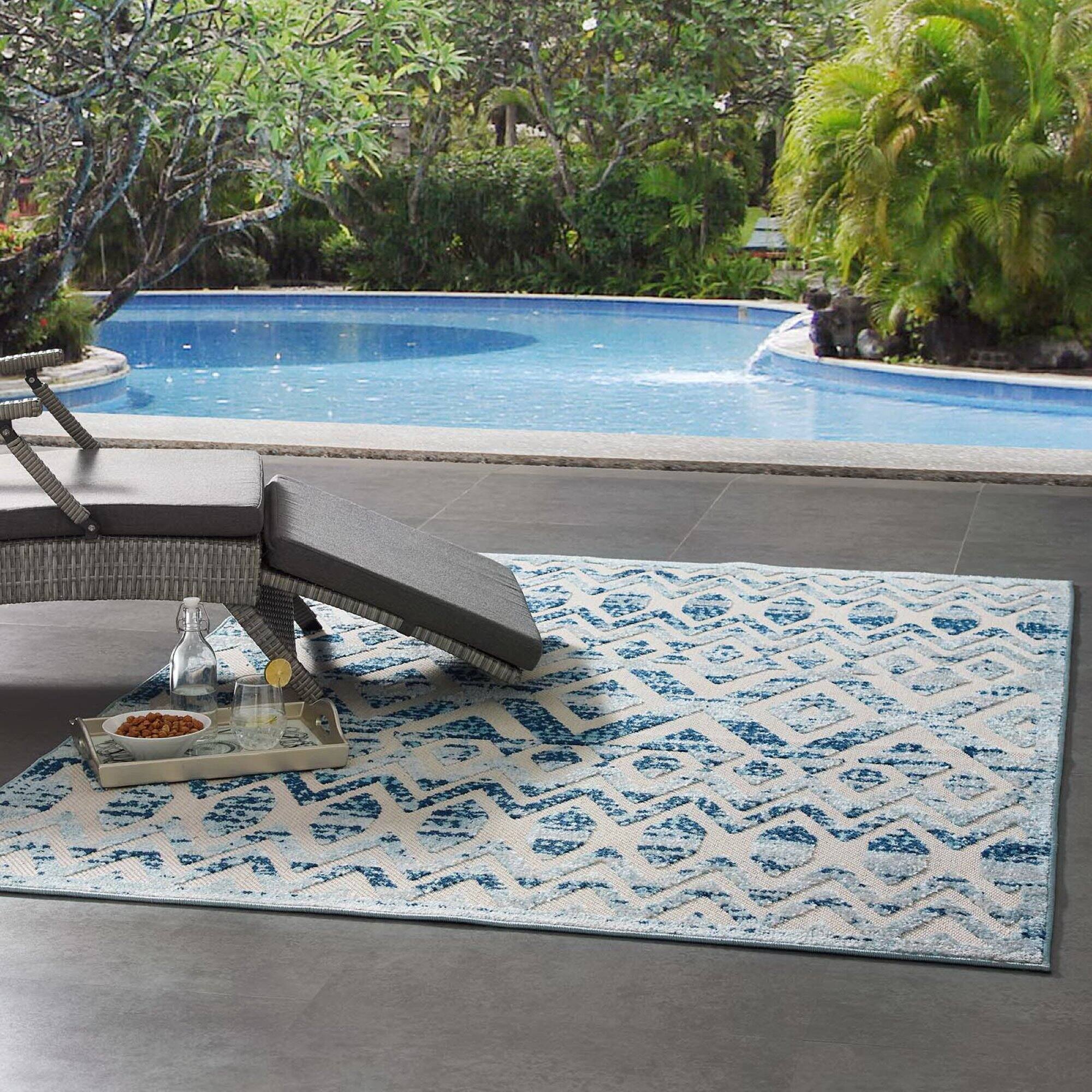 Left. Modway - Reflect Tamako Diamond and Chevron Moroccan Trellis Indoor / Outdoor Area Rug - Ivory and Blue.