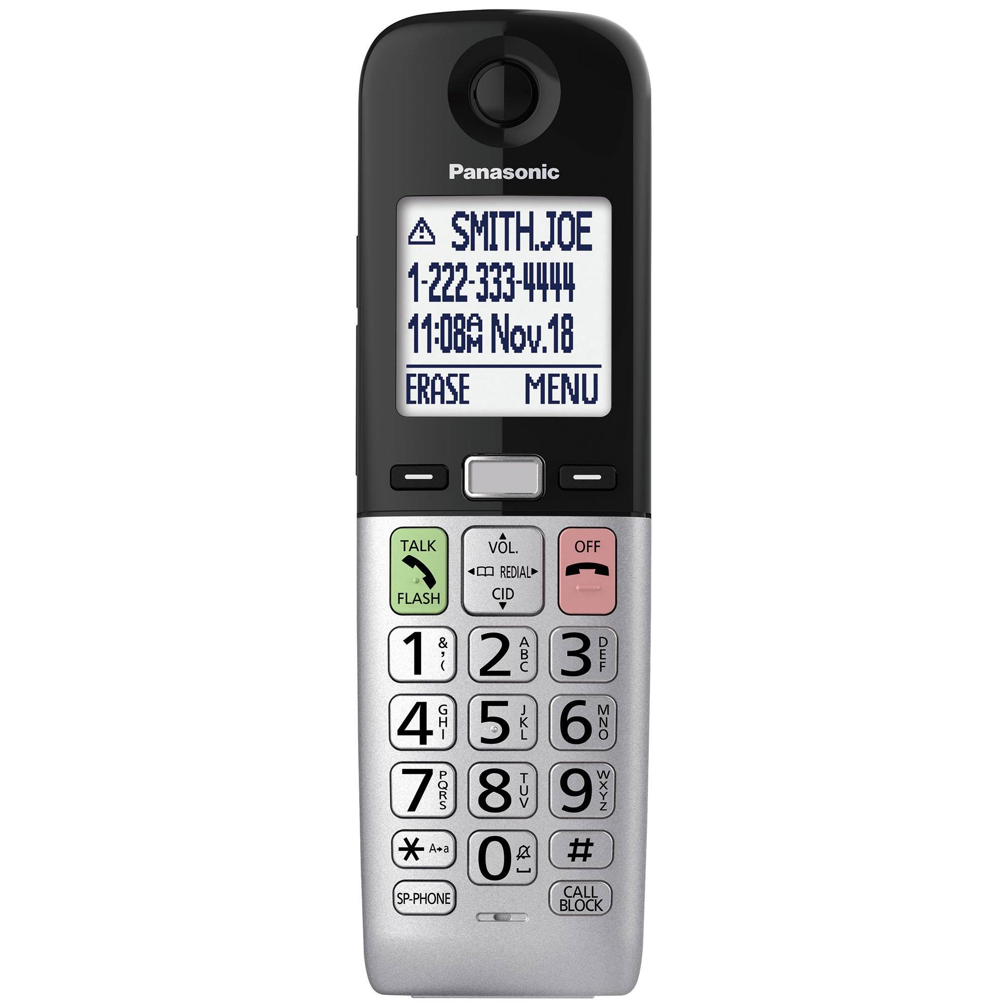 Panasonic

SMITHJOE  
1-222-333-4444  
11:08A Nov. 18  

ERASE MENU  

TALK FLASH  
VOL. REDIAL CID  
1 2 3  
4 5 6  
7 8 9  
* 0 #  

CALL BLOCK  
SP-PHONE OFF