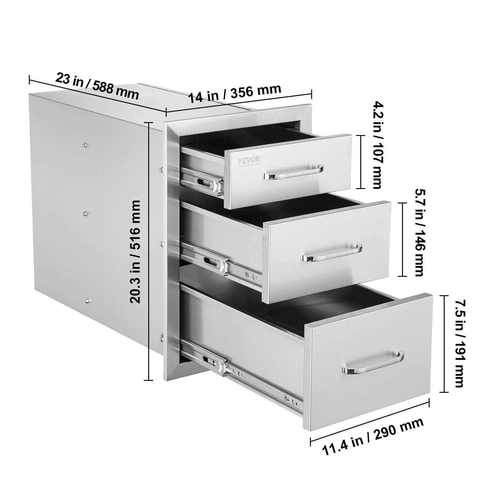 23 in / 588 mm  
14 in / 356 mm  
20.3 in / 516 mm  
4.2 in / 107 mm  
5.7 in / 146 mm  
7.5 in / 191 mm  
11.4 in / 290 mm