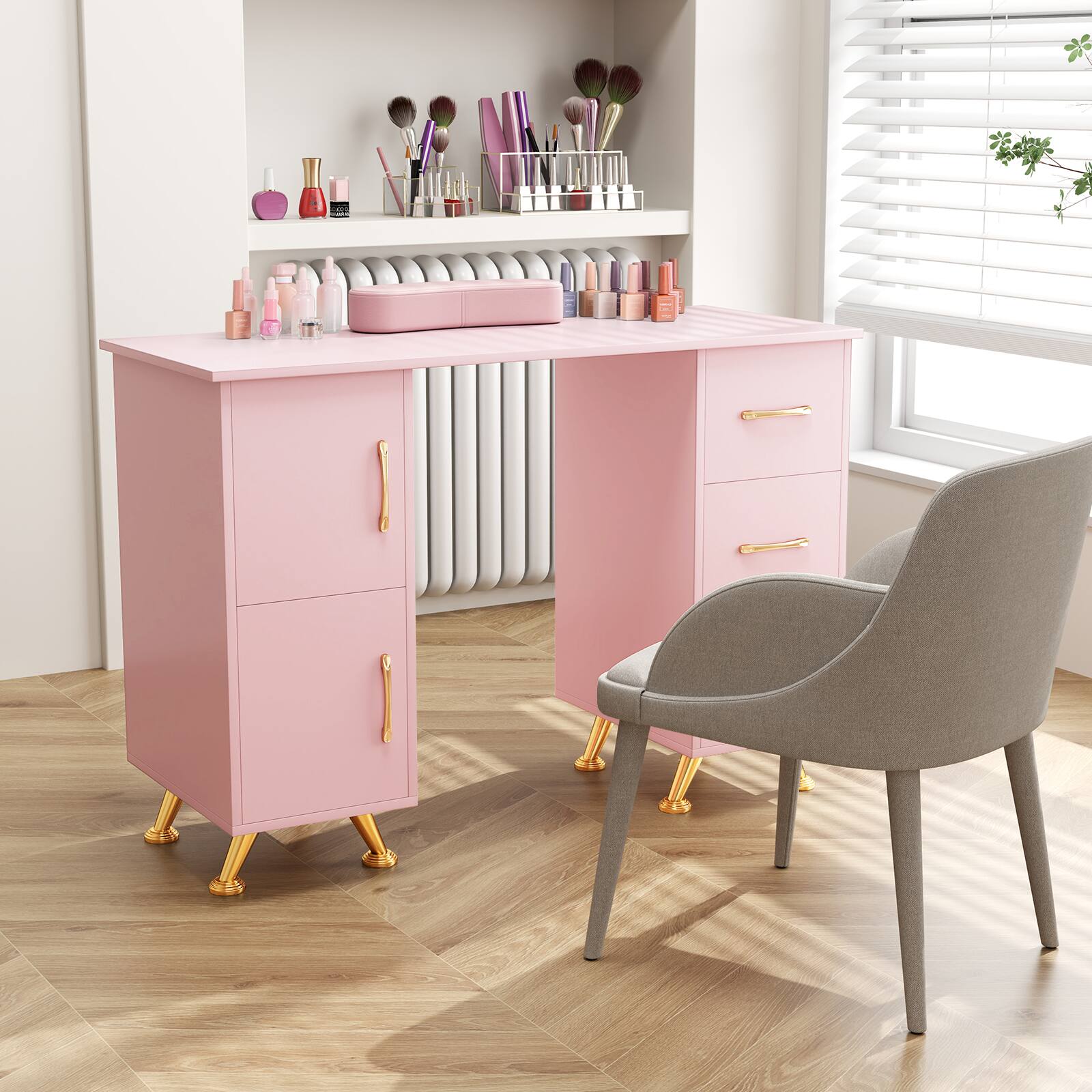 Alt View 3. Costway - Costway Wooden Nail Desk Station with Removable Wrist Rest Metal Legs & 3 Drawers, 2 Cabinets - Pink.