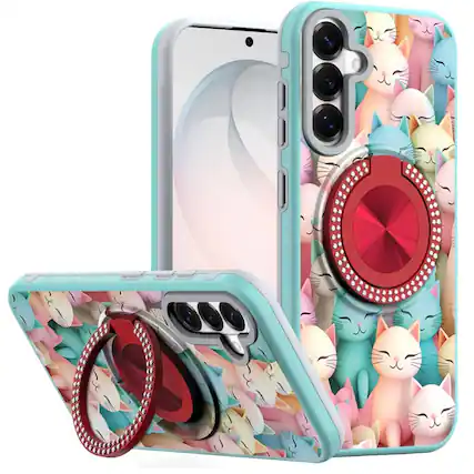 Front. Kitcheniva - Printed Design With 360 Bling Stand Cover Plus Tempered Glass For Samsung S26 FE Cats - Multicolor.