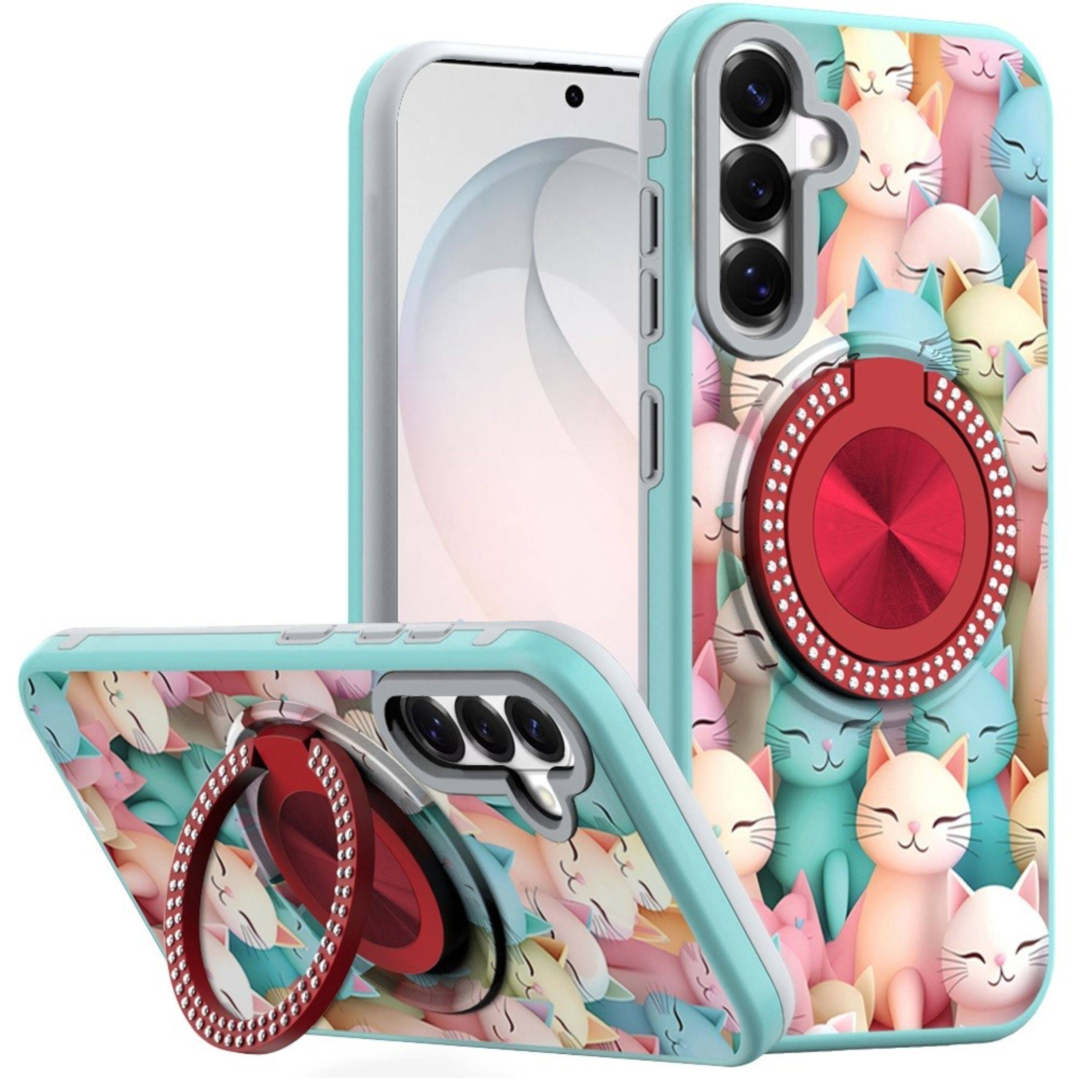 Front. Kitcheniva - Printed Design With 360 Bling Stand Cover Plus Tempered Glass For Samsung S26 FE Cats - Multicolor.