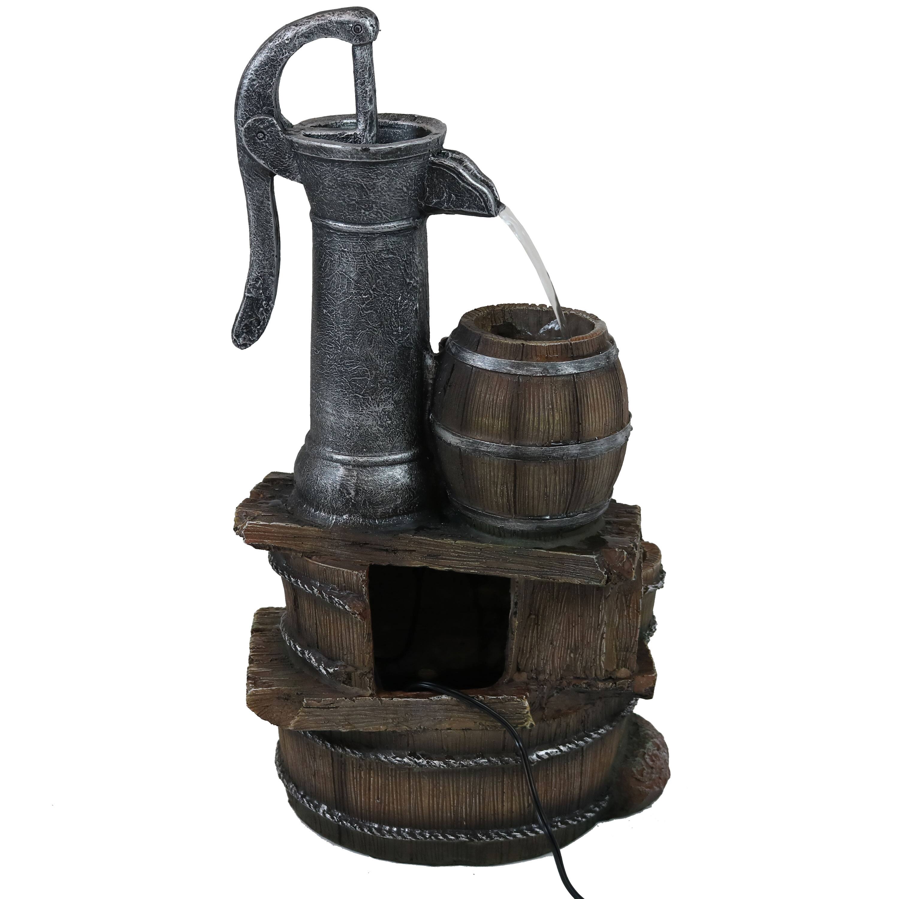 Alt View 8. Sunnydaze - Cozy Farmhouse Pump/Barrel Water Fountain with LED Lights - 23 in - Brown.