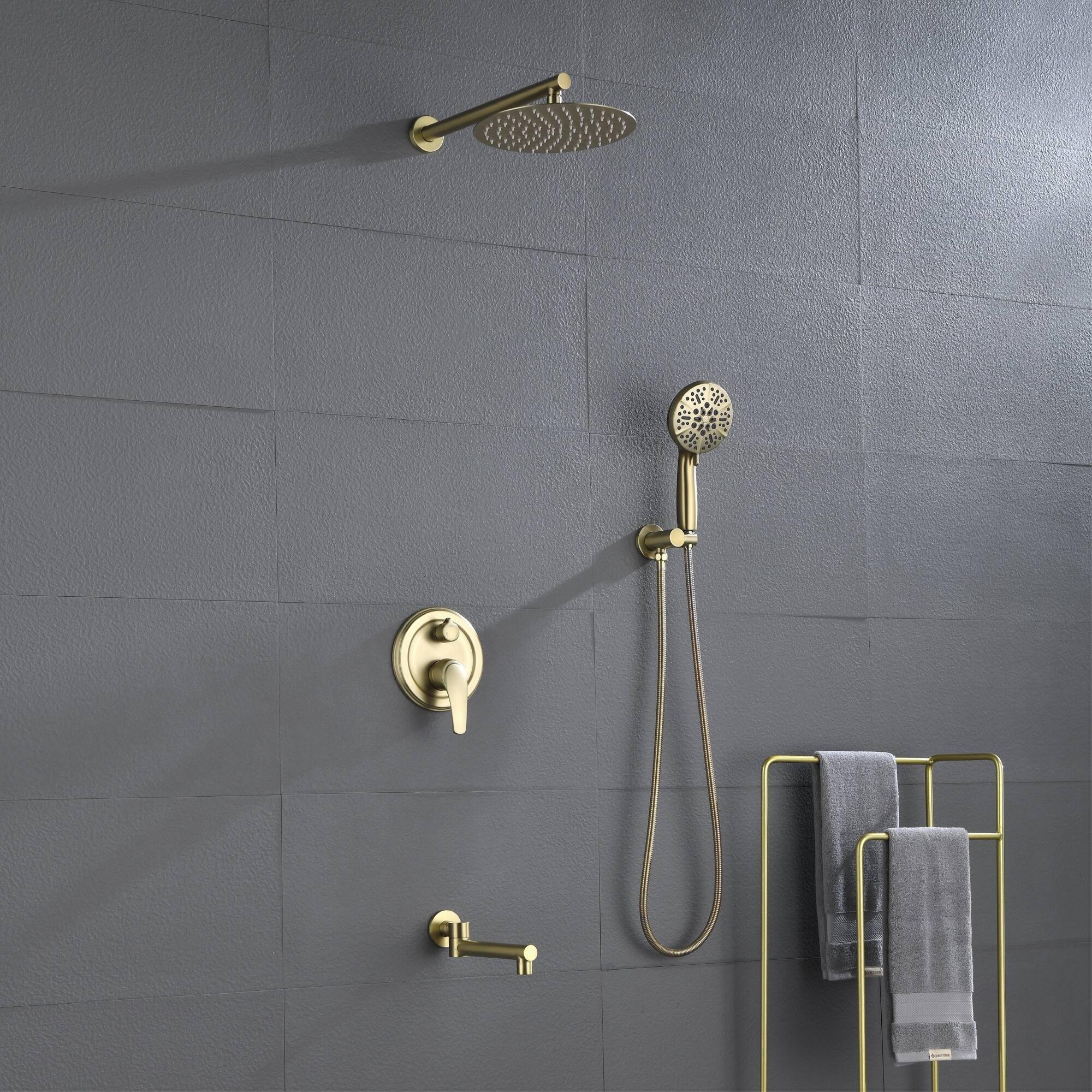Alt View 1. Boyel Living - Brushed Gold 10-Inch Rain Shower System Brass SUS304 3-Function Valve 7-Function Handheld 180° Spout cUPC - Brushed Gold.