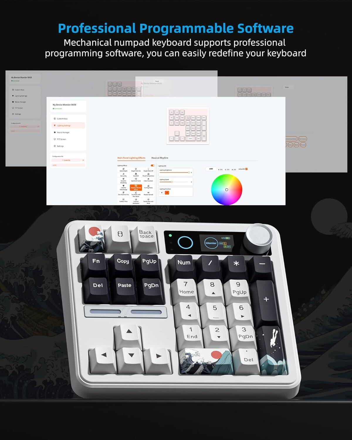 Professional Programmable Software Mechanical numpad keyboard supports professional programming software, you can easily redefine your keyboard.

Back space - Fn Copy PgUp Num / - Del Paste PgDn 7 Home 4 8 5 9 PgUp 6 + 1 End 2 3 PgDn Del