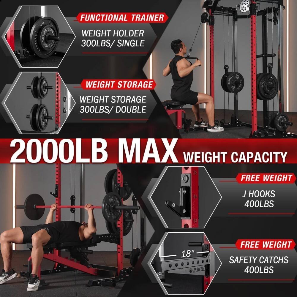 25LBD SIAND PERRELE GEACTLO FUNCTIONAL TRAINER  
WEIGHT HOLDER 300LBS/ SINGLE  
WEIGHT STORAGE 300LBS/ DOUBLE  
2000LB MAX WEIGHT CAPACITY  
18 FREE WEIGHT J HOOKS 400LBS  
18" FUKOL FREE WEIGHT SAFETY CATCHS 400LBS
