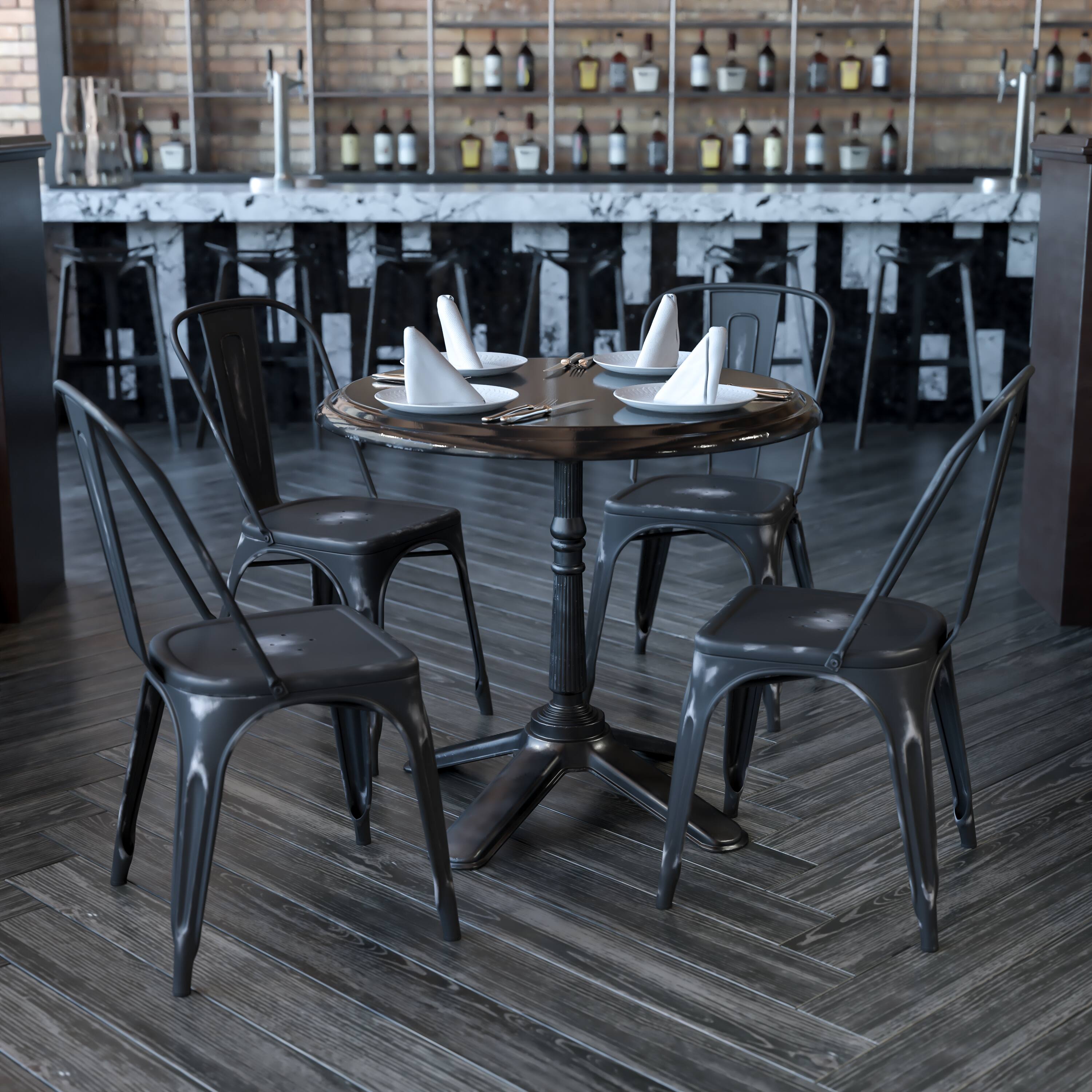 Alt View 2. Emma + Oliver - Commercial Grade 4 Pack Distressed Metal Indoor-Outdoor Stackable Chair - Black.