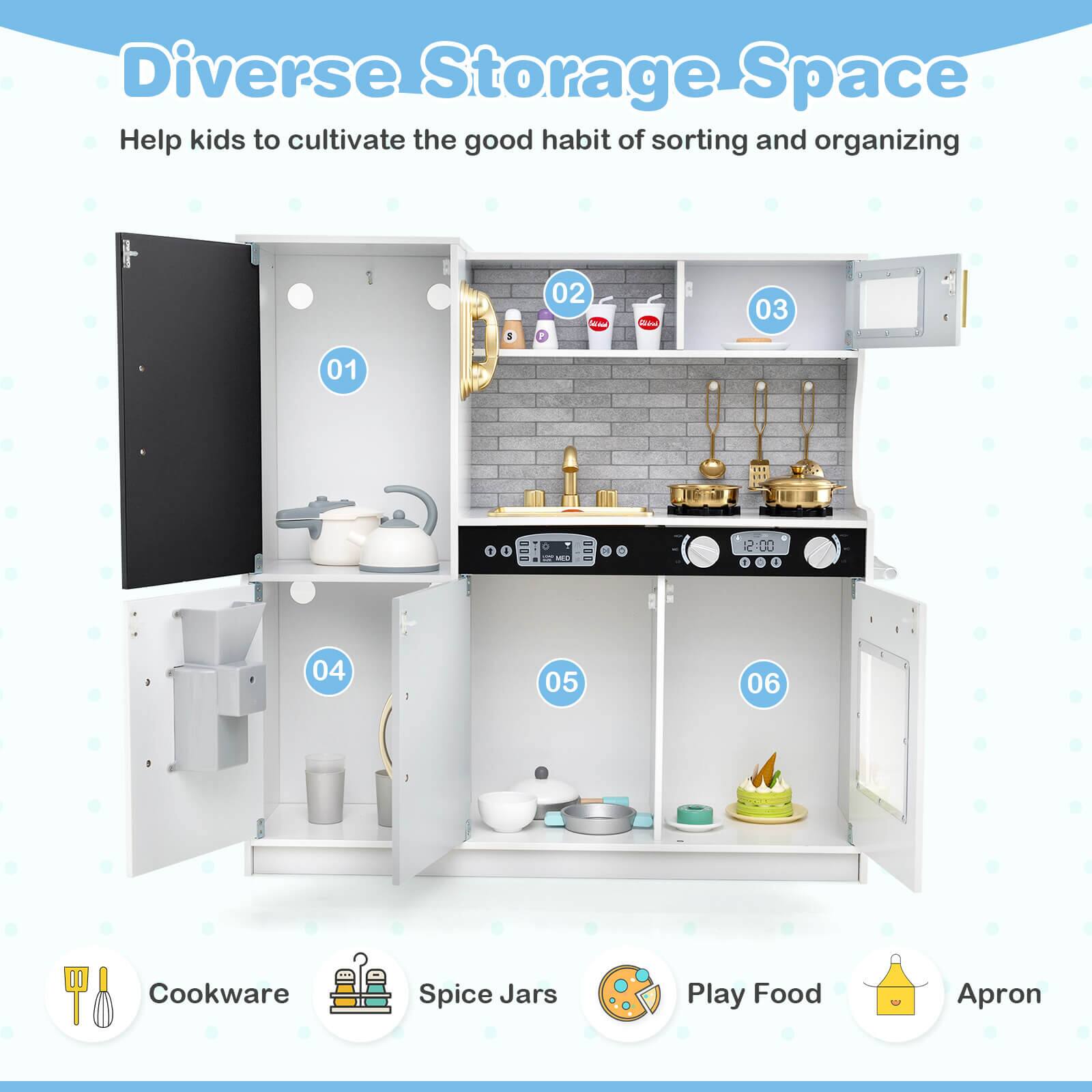 Diverse Storage Space  
Help kids to cultivate the good habit of sorting and organizing  

01  
02  
03  
04  
05  
06  

Cookware  
Spice Jars  
Play Food  
Apron