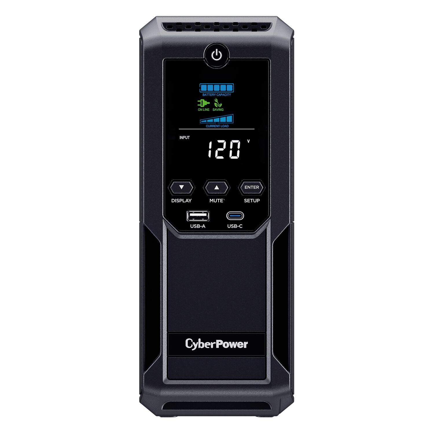 BATTERY CAPACITY  
ONLINE SAVING  
CURRENT LOAD  

120 V  

INPUT  
ENTER  
SETUP  

DISPLAY  
MUTE  

USB-A  
USB-C  

CyberPower