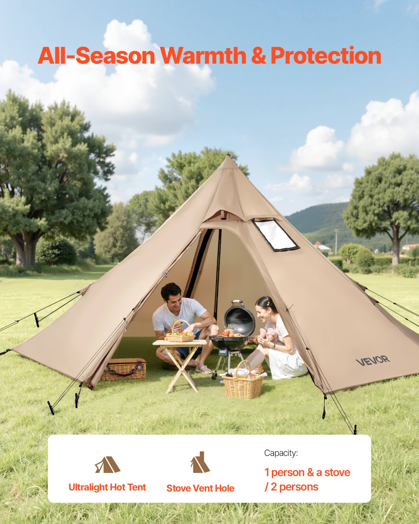 All-Season Warmth & Protection

VEVOR

Capacity:
1 person & a stove / 2 persons

Ultralight Hot Tent
Stove Vent Hole