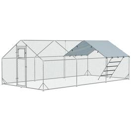 Pawhut - Chicken Run w/ Waterproof & Anti-UV Cover, Feeding Door, Hanging Feeder, for 18-24 Chickens - Silver