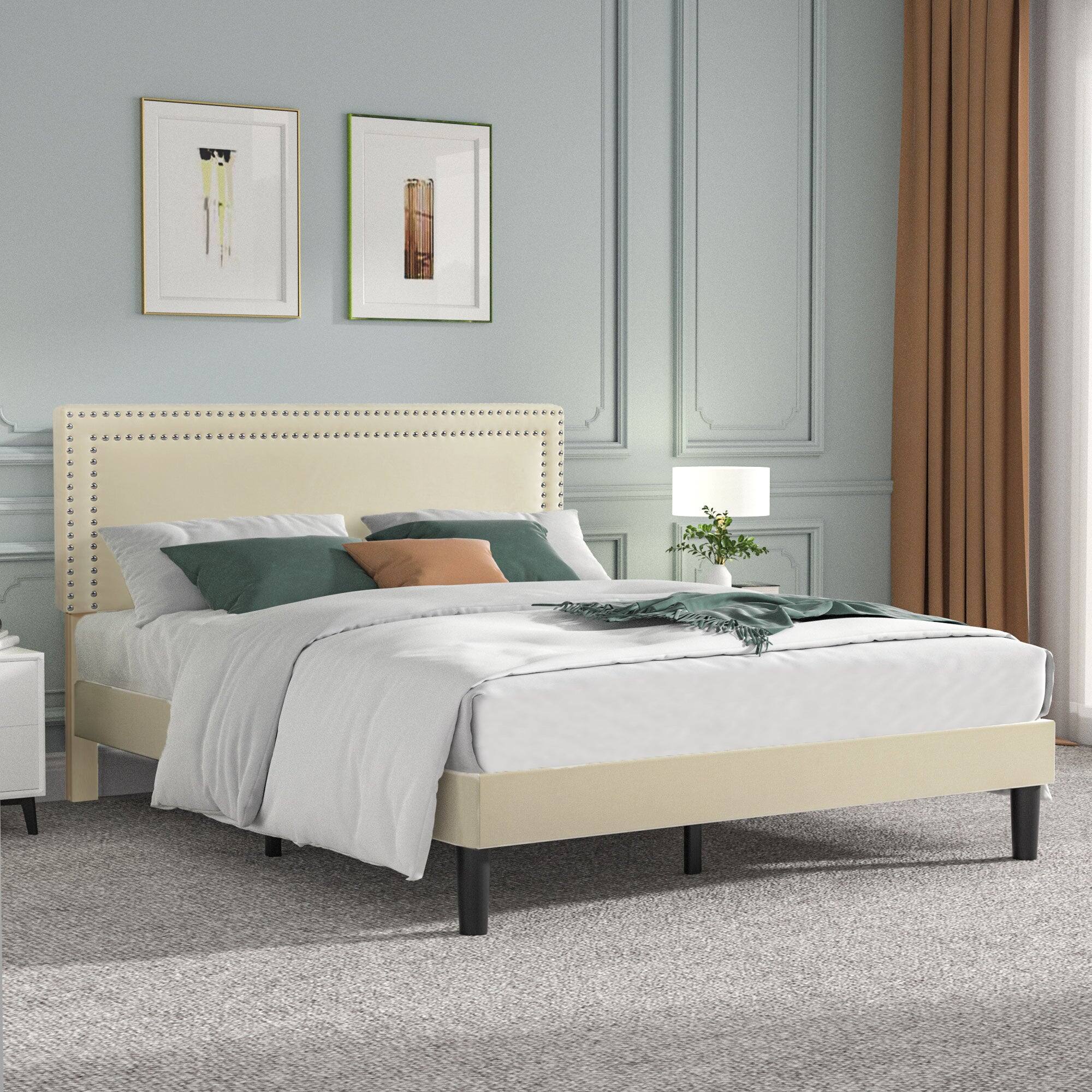 Alt View 1. Vecelo - Queen Size Platform Bed Frame with Adjustable Upholstered Headboard, Strong Wood Slat Support,No Box Spring Needed - Beige.