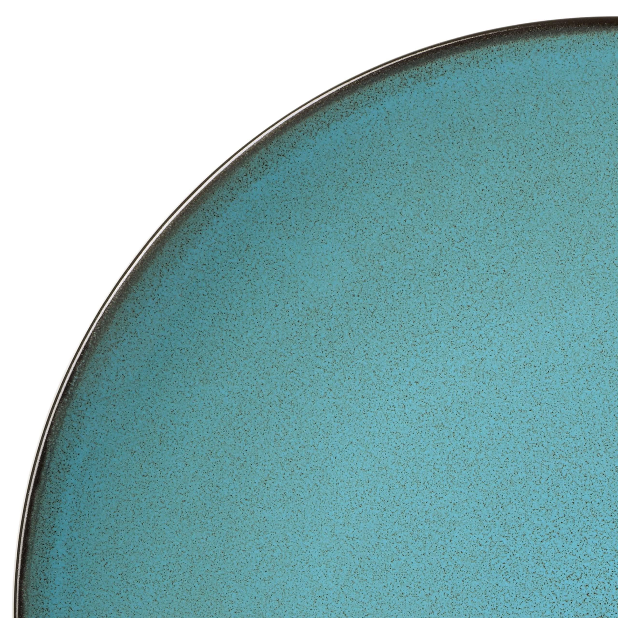 Back. Dazzed Corner - Round Reactive Glaze Stoneware Dinnerware Set, Service for 4 (16pc) - Teal.