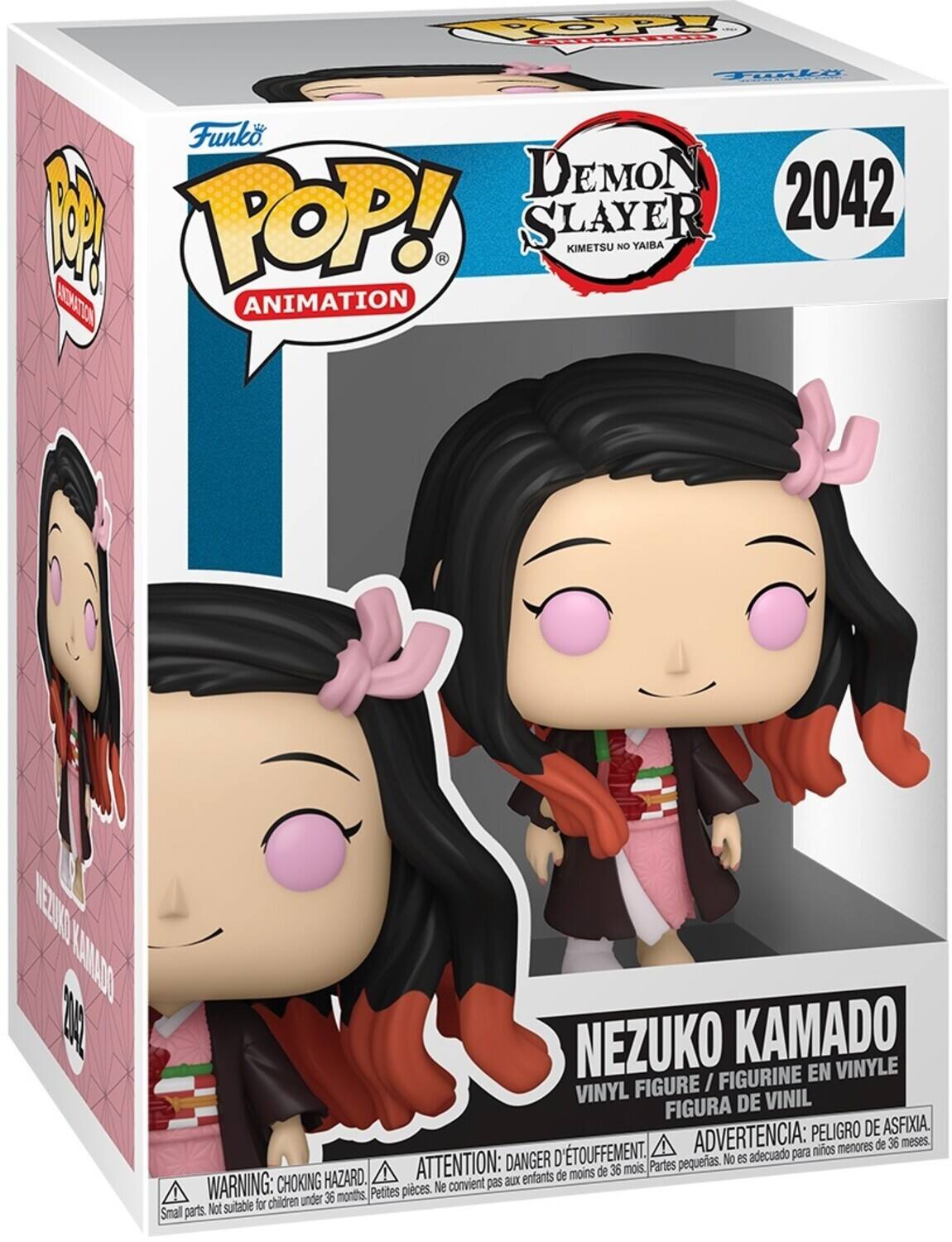 Sure, here is the corrected and grouped text from the image:

---

**Top Left:**
- POP! ANIMATION

**Top Center:**
- Funko POP! ANIMATION

**Top Right:**
- DEMON SLAYER KIMETSU NO YAIBA
- 2042

**Center:**
- NEZUKO KAMADO

**Bottom:**
- VINYL FIGURE / FIGURINE EN VINYLE / FIGURA DE VINIL
- WARNING: CHOKING HAZARD. Small parts. Not suitable for children under 36 months.
- ATTENTION: DANGER D'ÉTOUFFEMENT. Petites pièces. Ne convient pas aux enfants de moins de 36 mois.
- ADVERTENCIA: PELIGRO DE ASFIXIA. Partes pequeñas. No es adecuado para niños menores de 36 meses.

**Bottom Left:**
- NEZUKO KAMADO
- 2042

---
