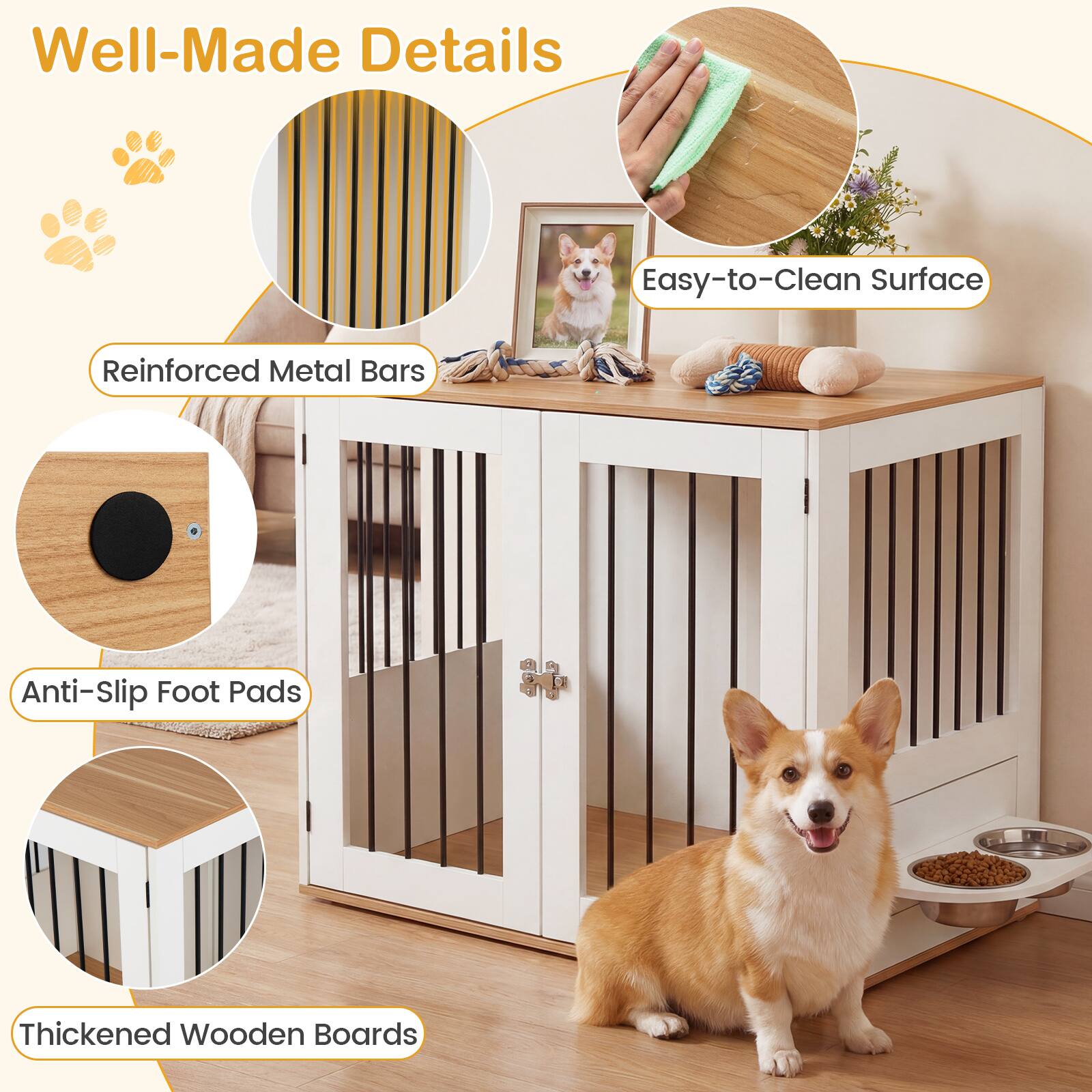 Well-Made Details

- Easy-to-Clean Surface
- Reinforced Metal Bars
- Anti-Slip Foot Pads
- Thickened Wooden Boards