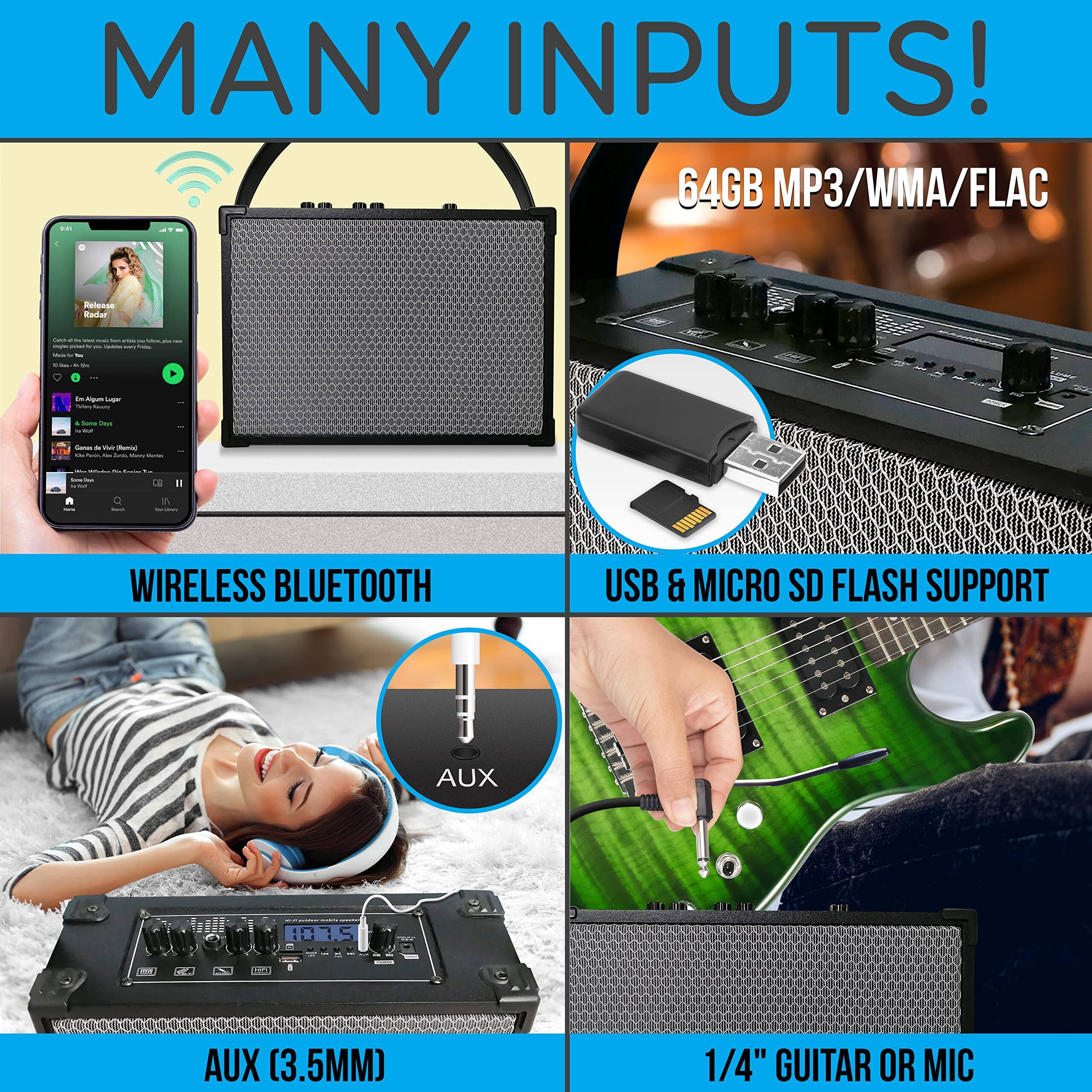 MANY INPUTS!  
64GB MP3/WMA/FLAC  

- WIRELESS BLUETOOTH  
- USB & MICRO SD FLASH SUPPORT  
- AUX (3.5MM)  
- 1/4" GUITAR OR MIC