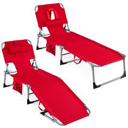 Gymax - 2PCS Tanning Chair w/4-Position Adjustable Backrest Face Arm Holes & Pocket - Red