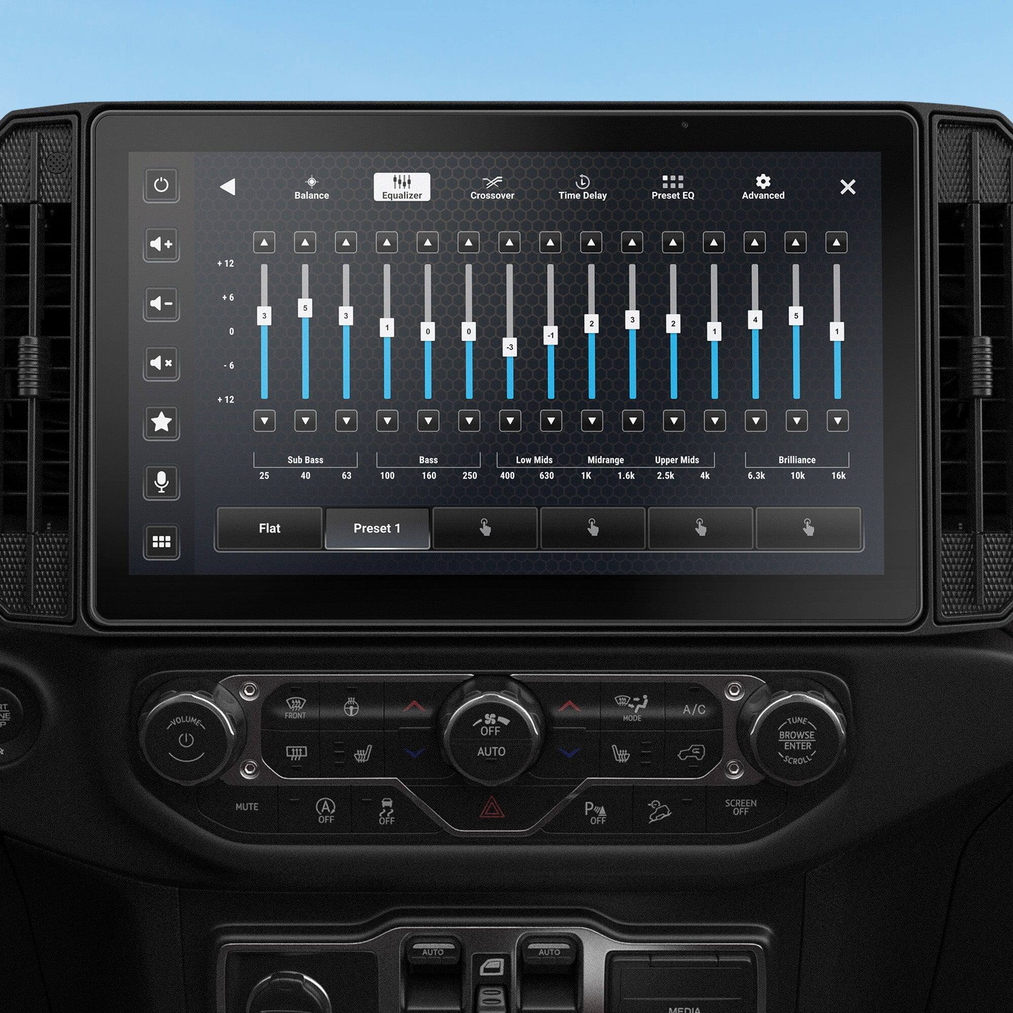 Balance Equalizer Crossover Tame Delay Preset 1Q Advanced x + & . A a & A A A A . a A . A 12 4 O : 5 1 - . . 4 - 2  2 1 a 1 - x 4 12 Y 25 Sub Bass 40 kd 100 Bass 160 250 Les Mids 400 516 Midrange 1K 1.6k Upper Mids 2.5k a Ivilliance 6.3k 10k 148 Flat Preset 1 IT M - NOLUNG N S OFF AUTO -I A/C BROWSE ENTER ACHOLL MUTE OFF OFF Pe OFF SCREEN OFF AUO AUTO saePu