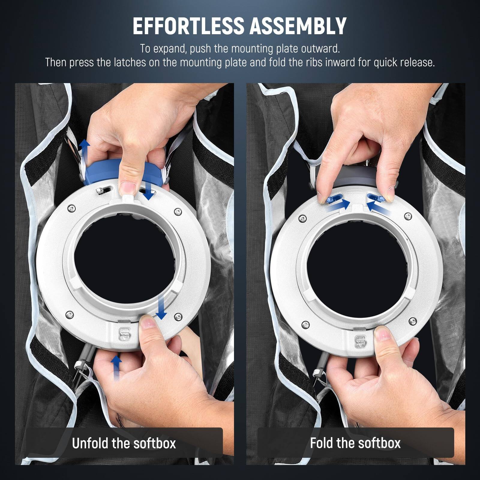 EFFORTLESS ASSEMBLY

To expand, push the mounting plate outward. Then press the latches on the mounting plate and fold the ribs inward for quick release.

Unfold the softbox

Fold the softbox