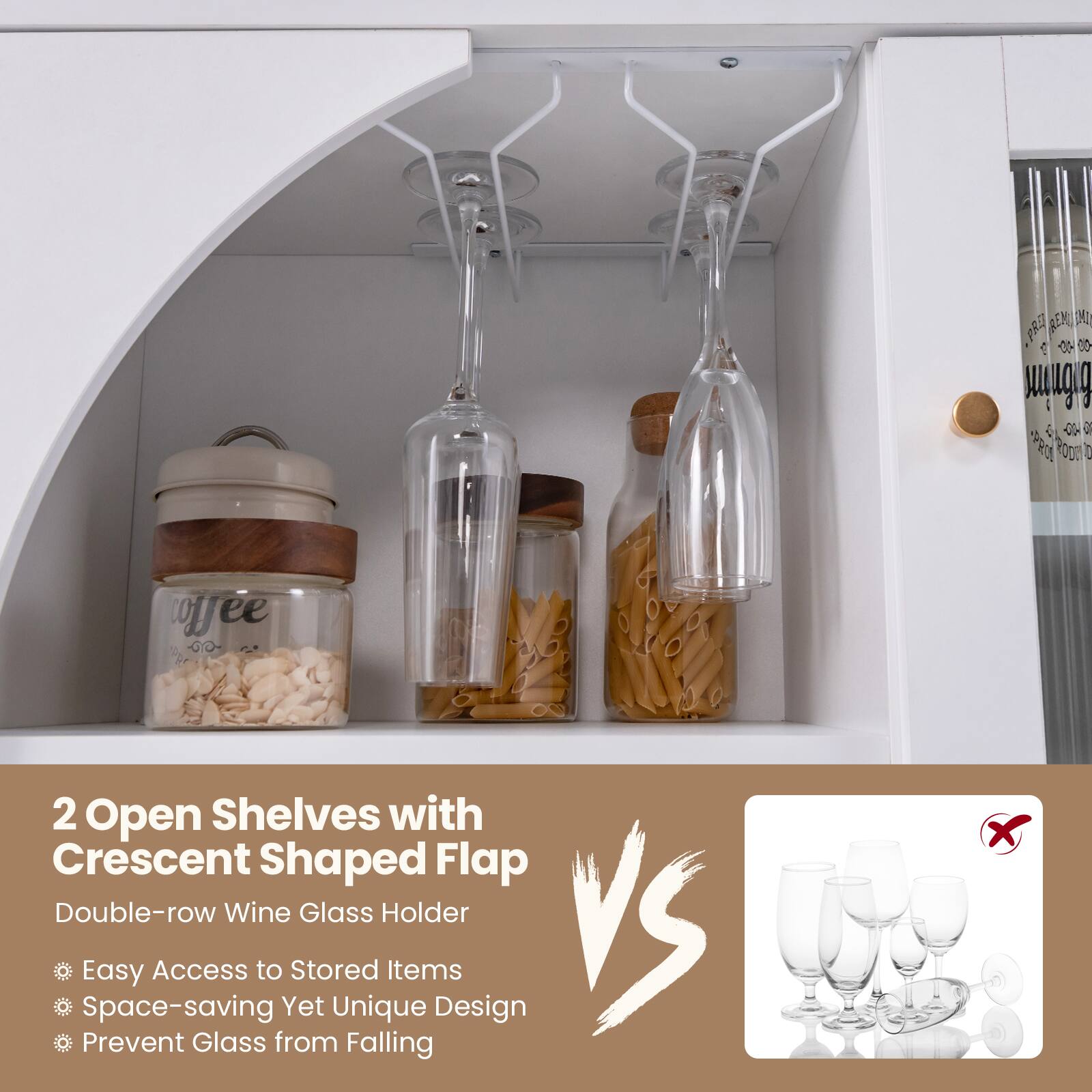 REN  PRO  DO f gu 1 -00 B PRO Rooe ! oree GrO- A 2 Open Shelves with Crescent Shaped Flap Double-row Wine Glass Holder Easy Space-saving Access to Stored Items Yet Unique Design VS Prevent Glass from Falling X