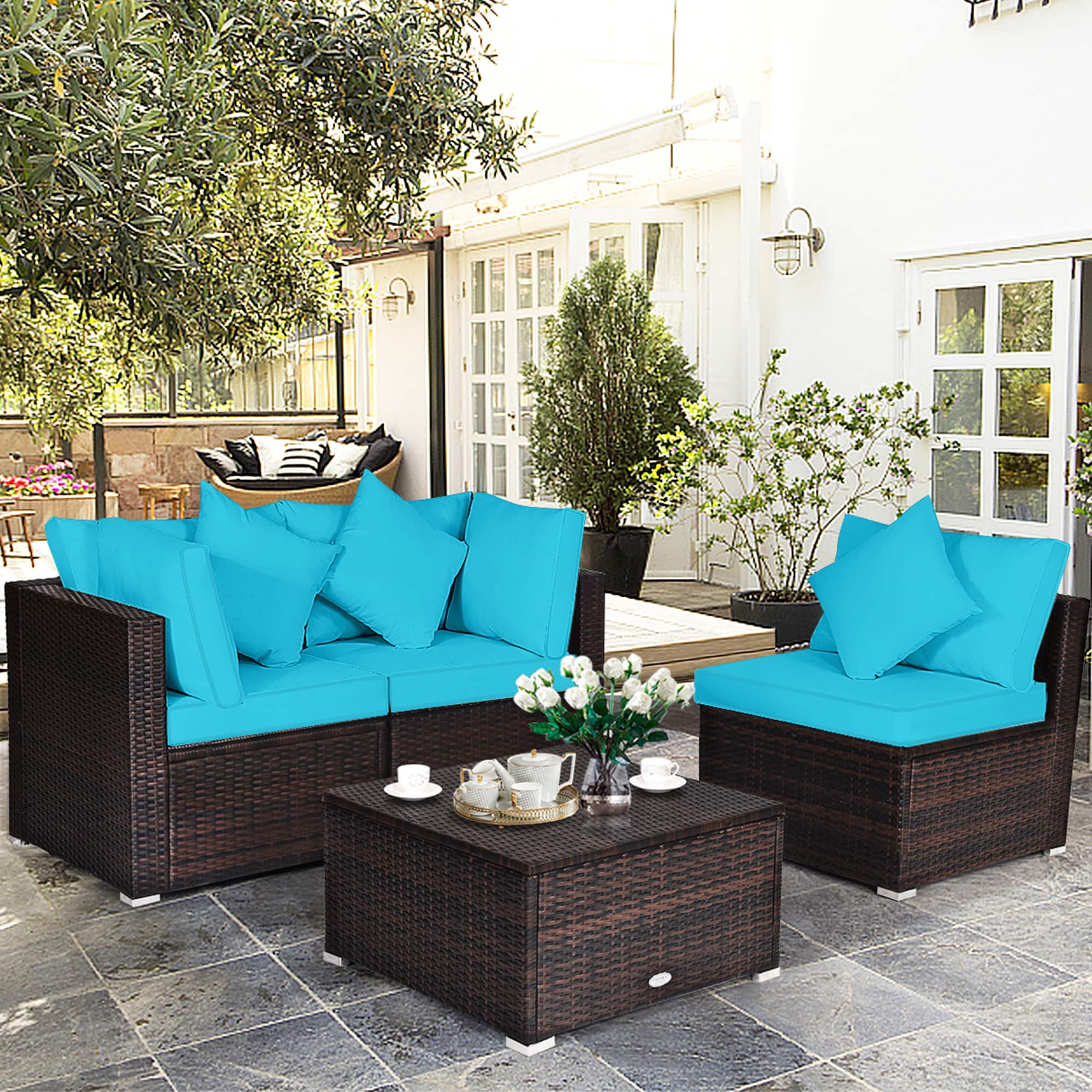 Gymax - 4PCS Rattan Patio Conversation Furniture Set Yard Outdoor w/ Cushion - Turquoise