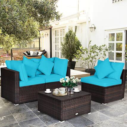Front. Gymax - Gymax 4PCS Rattan Patio Conversation Furniture Set Yard Outdoor w/ Turquoise Cushion - Turquoise.