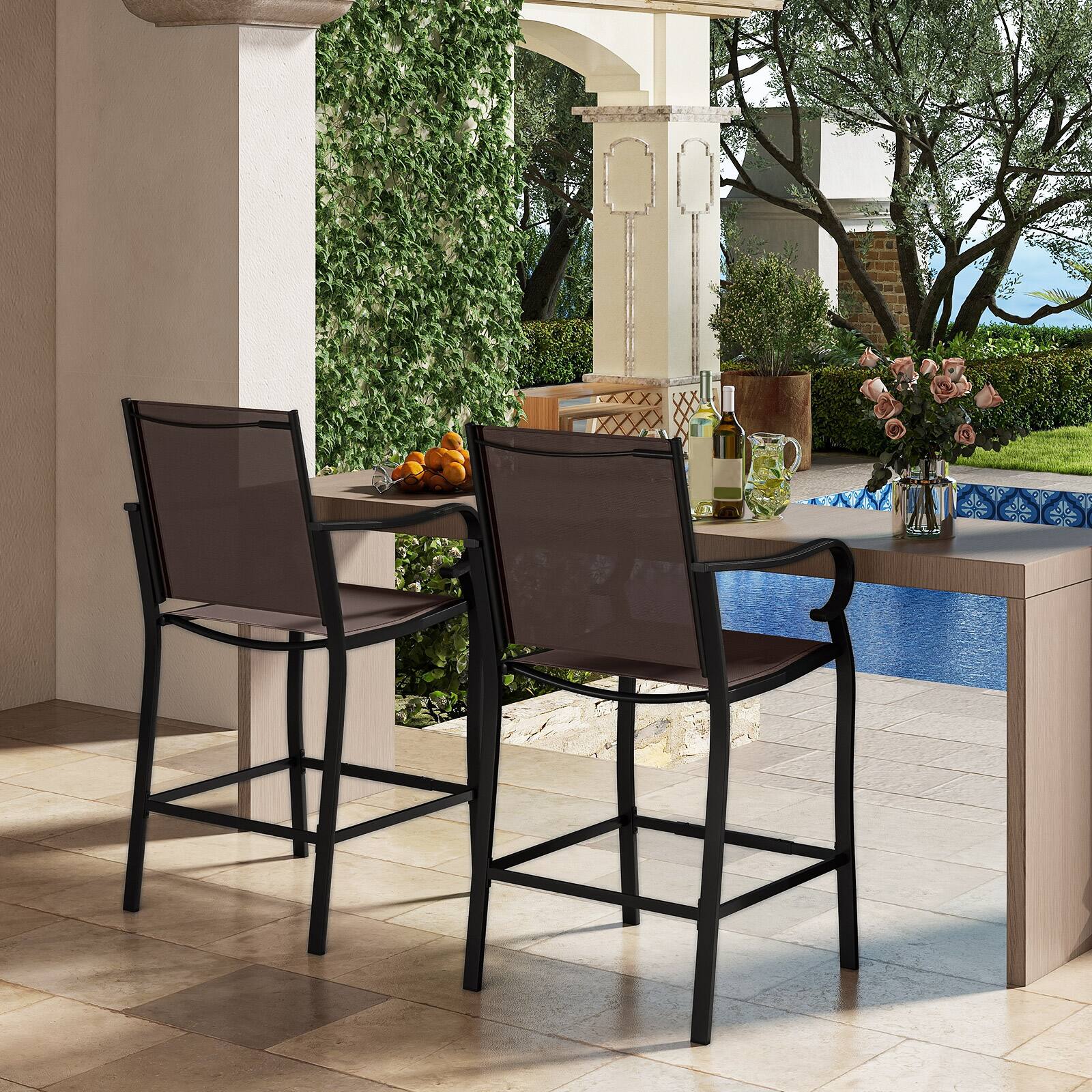 Alt View 4. Gymax - Gymax Outdoor Counter Height Bar Stools Set of 4 w/ Back Armrest & Footrest - Brown, Black.