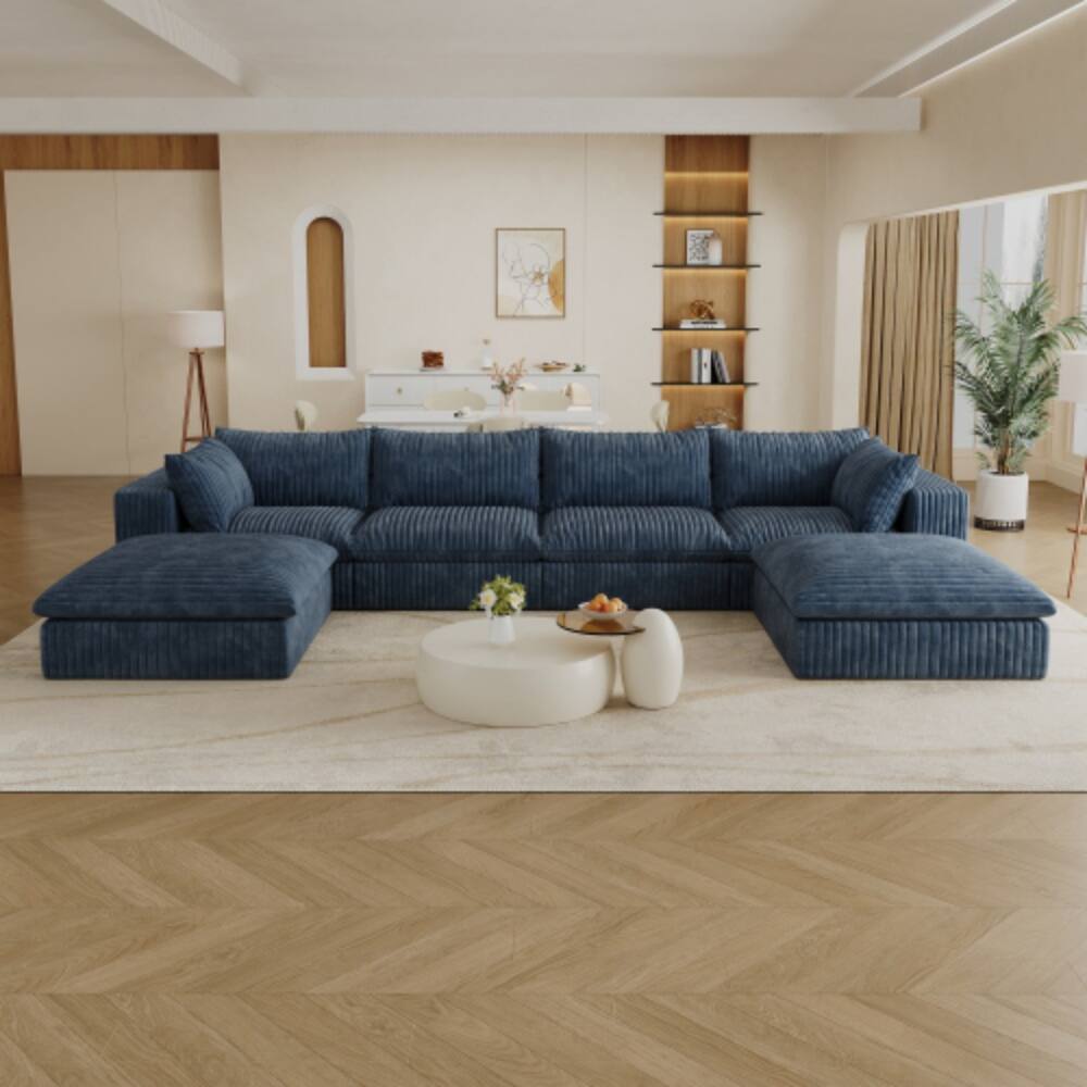 Back. LUCKY ONE - 157.6" Modular Cloud Sofa No Assembly Corduroy Deep Seat Double-Layer Cushion - Blue.