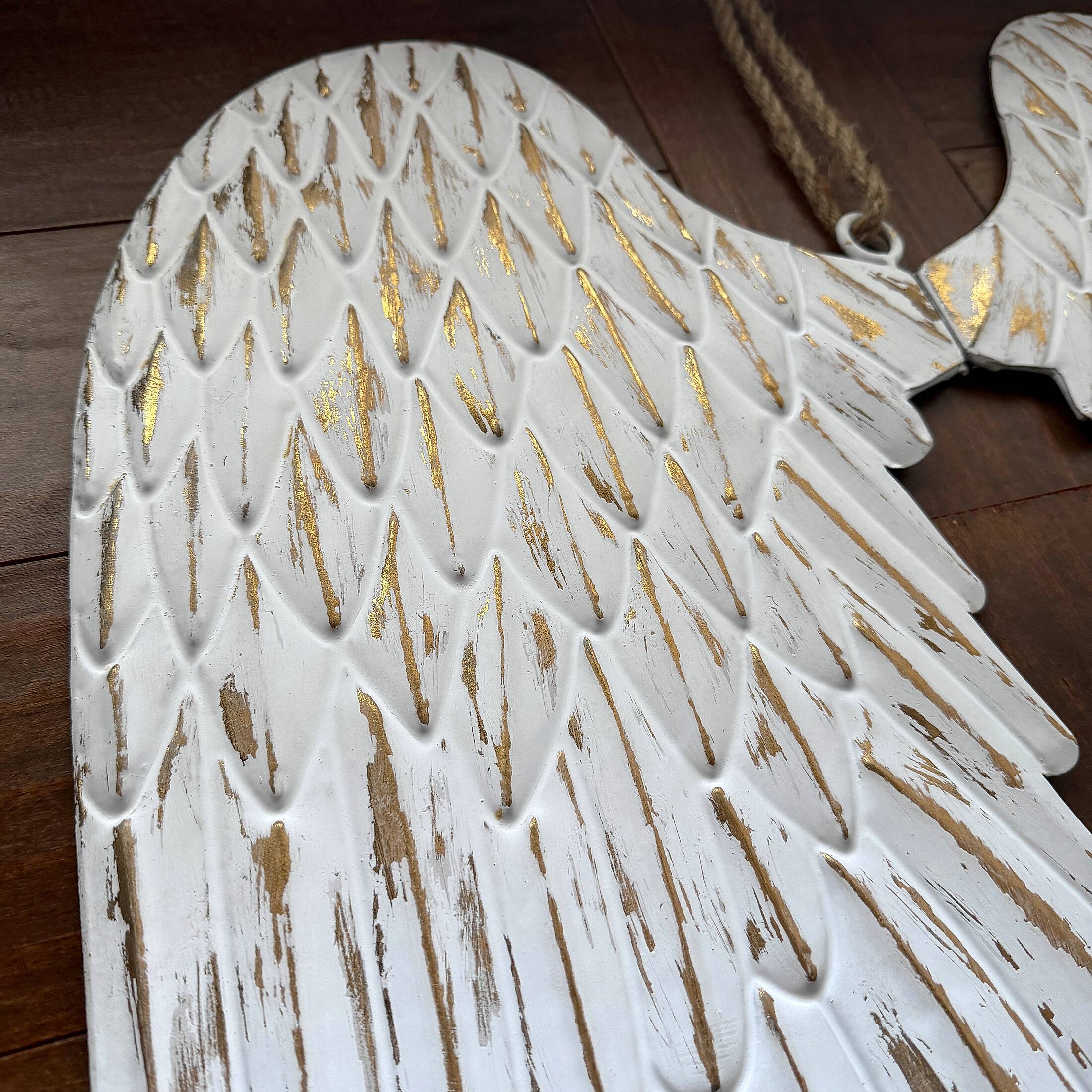 Alt View 6. Zeckos - Metal Angel Wings Wall Sculpture Distressed White with Gold Accents 34 Inch Wide - White.