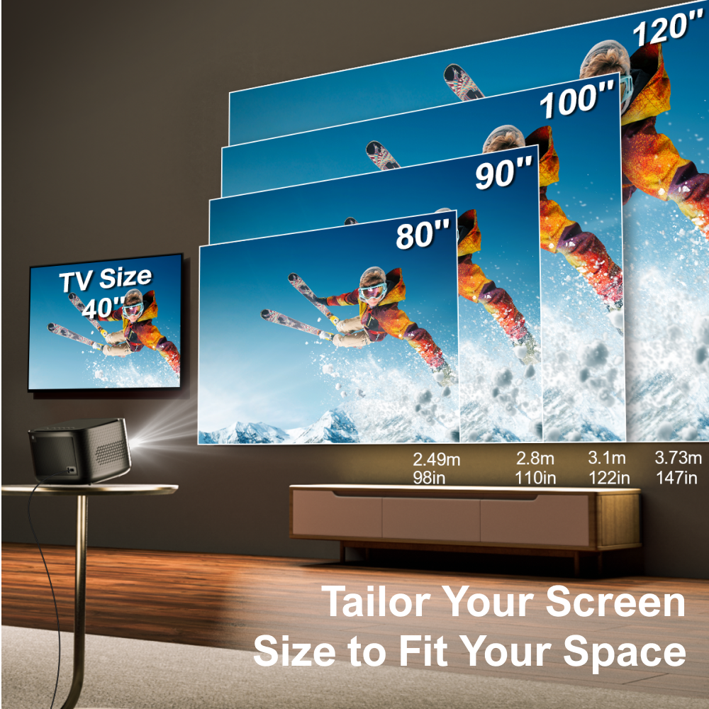 TV Size: 40", 80", 90", 100", 120"

Dimensions: 2.49m (98in), 2.8m (110in), 3.1m (122in), 3.73m (147in)

Tailor Your Screen Size to Fit Your Space