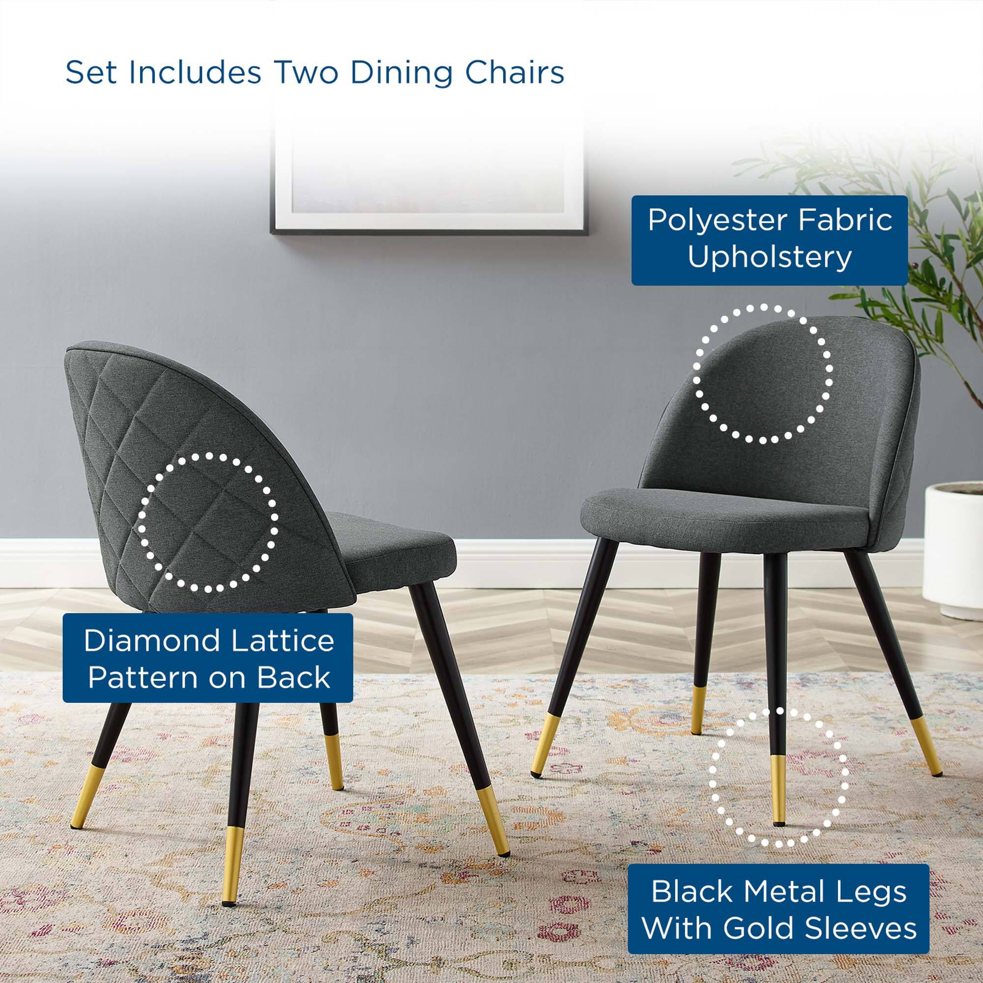 Set Includes Two Dining Chairs

- Polyester Fabric Upholstery
- Diamond Lattice Pattern on Back
- Black Metal Legs With Gold Sleeves