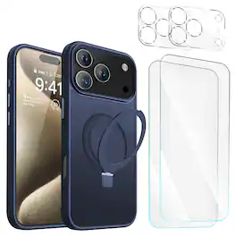 Entronix - iPhone 17 Pro Bundle: Magnetic Matte Gripstand Case with Screen & Camera Protectors - Navy Blue